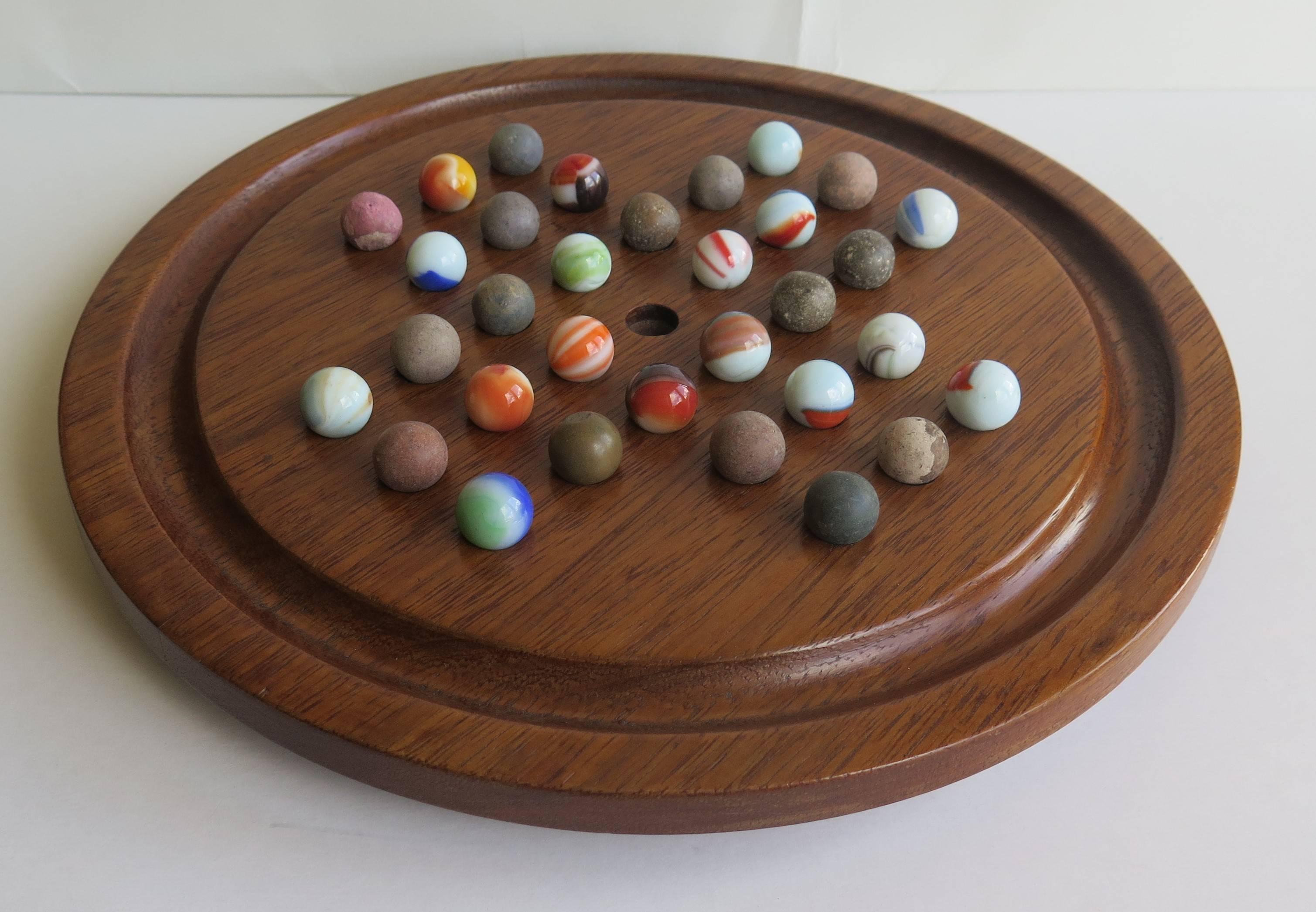 Ceramic 19th Century Table Marble Solitaire Board Game, Early Handmade Marbles