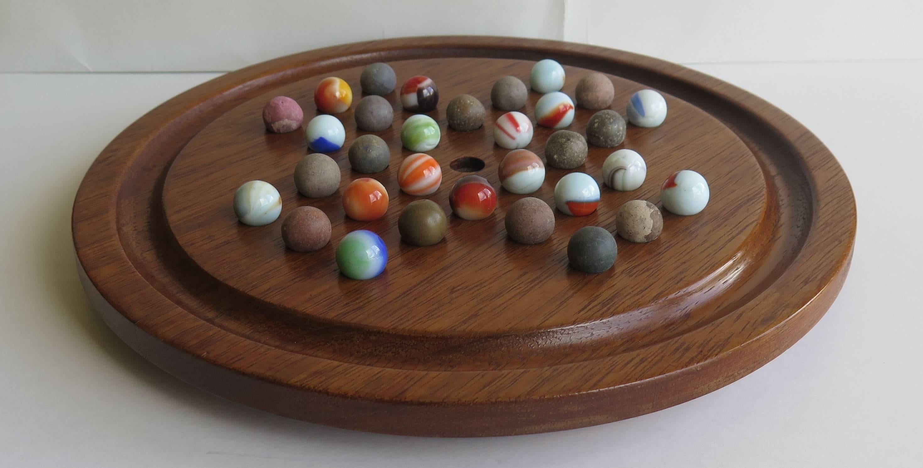 Hand-Crafted 19th Century Table Marble Solitaire Board Game, Early Handmade Marbles