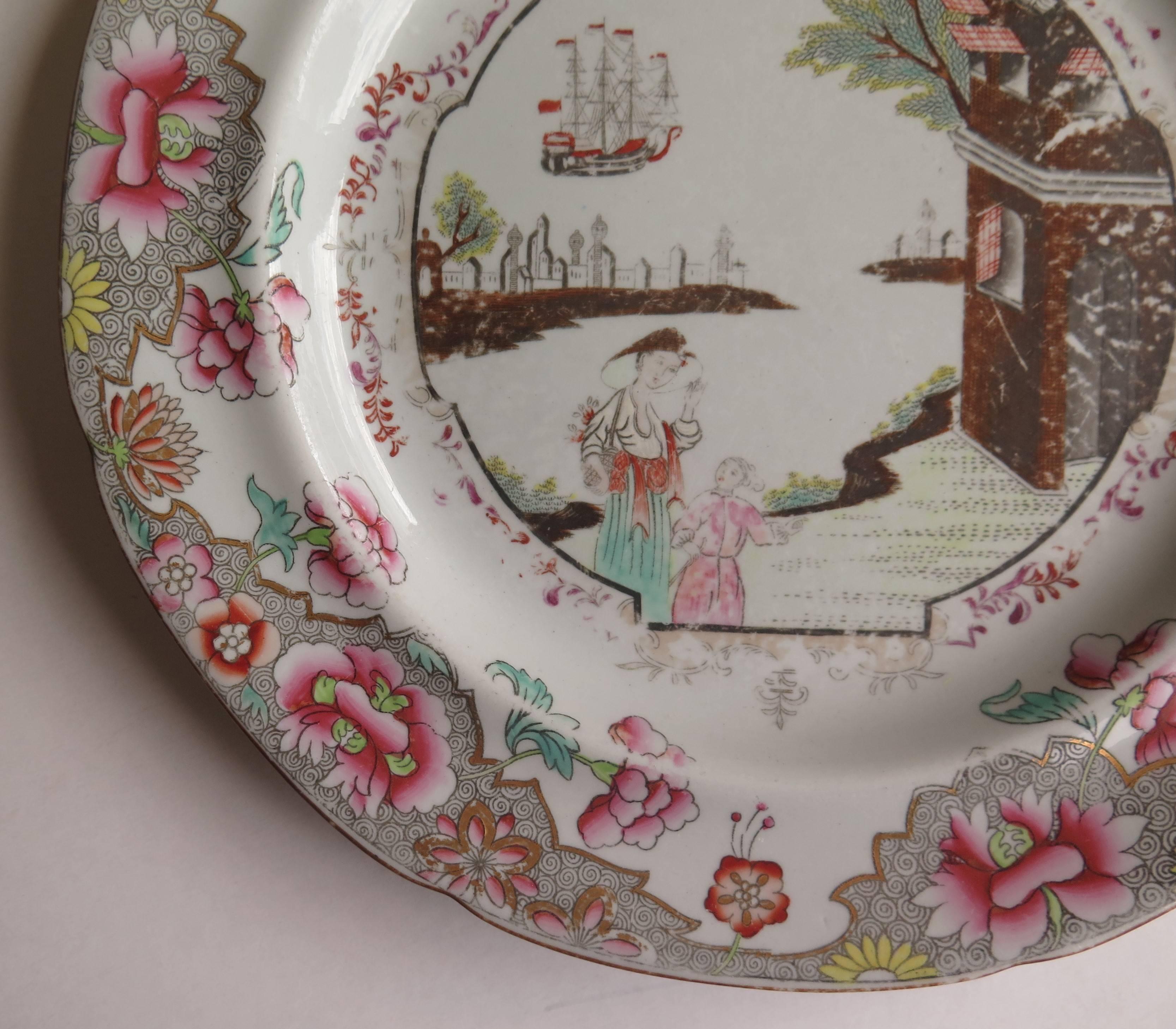 This is a good dinner plate, produced by the English Spode factory.

The pattern is called Ship, pattern number 3067, the chinoiserie decoration being transfer printed under-glaze, then carefully hand-painted in bold colored enamels with additional