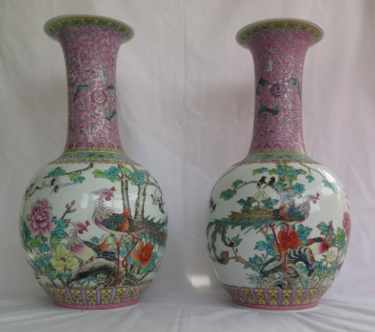 PAIR Large Chinese Porcelain Vases Famille Rose Hand Painted, Mid20th