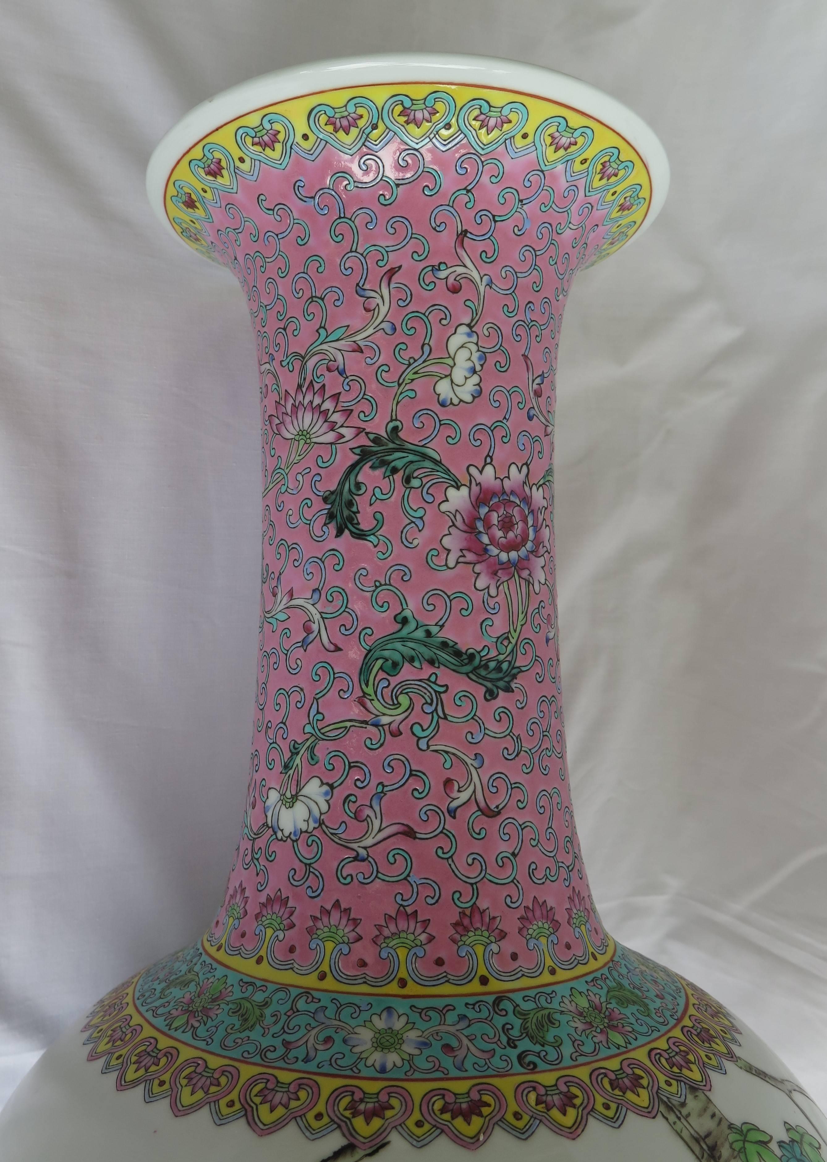 Chinese Export  PAIR Large Chinese Porcelain Vases Famille Rose Hand Painted, Mid-20th Century