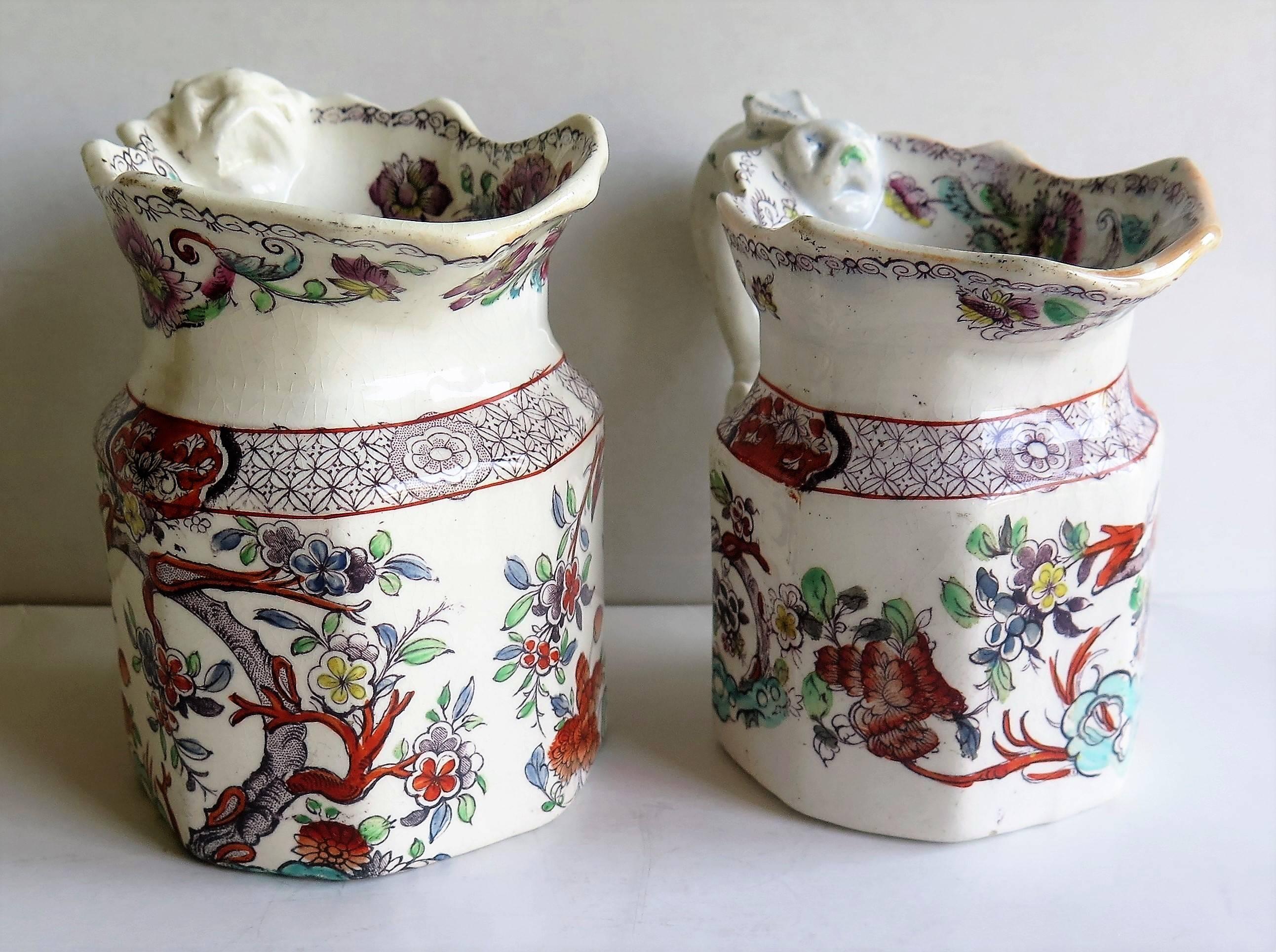 Hand-Painted Rare PAIR of Mason's Ironstone Fenton Jugs in Tree Peony Pattern, Ca 1840