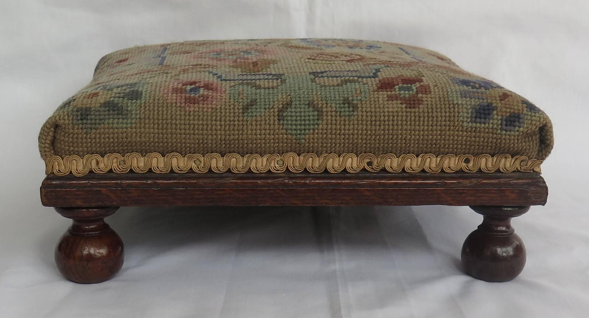 19th Century Late Victorian Footstool Oak with Bun Feet Tapestry top, English Circa 1880
