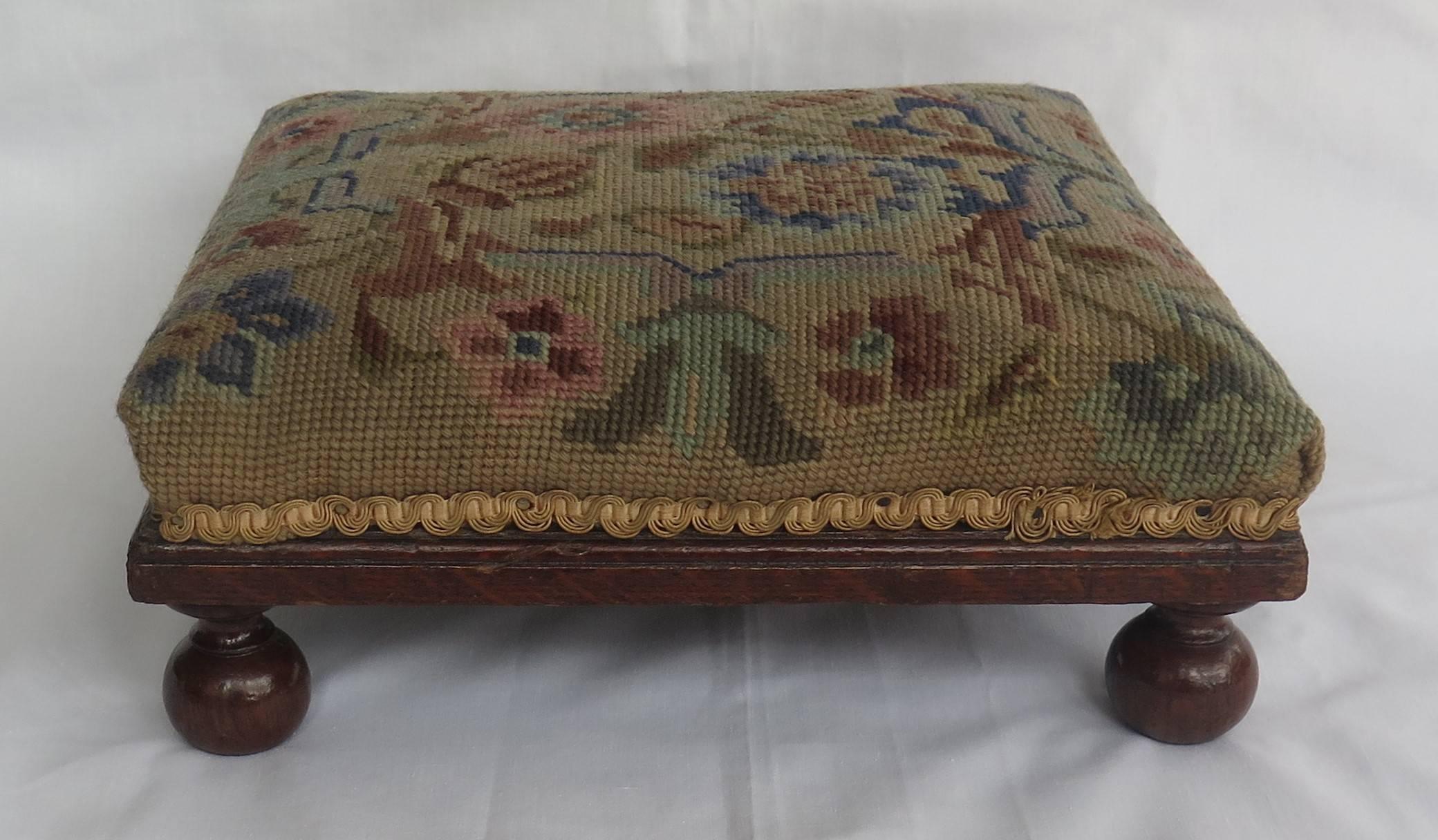 Hand-Crafted Late Victorian Footstool Oak with Bun Feet Tapestry top, English Circa 1880