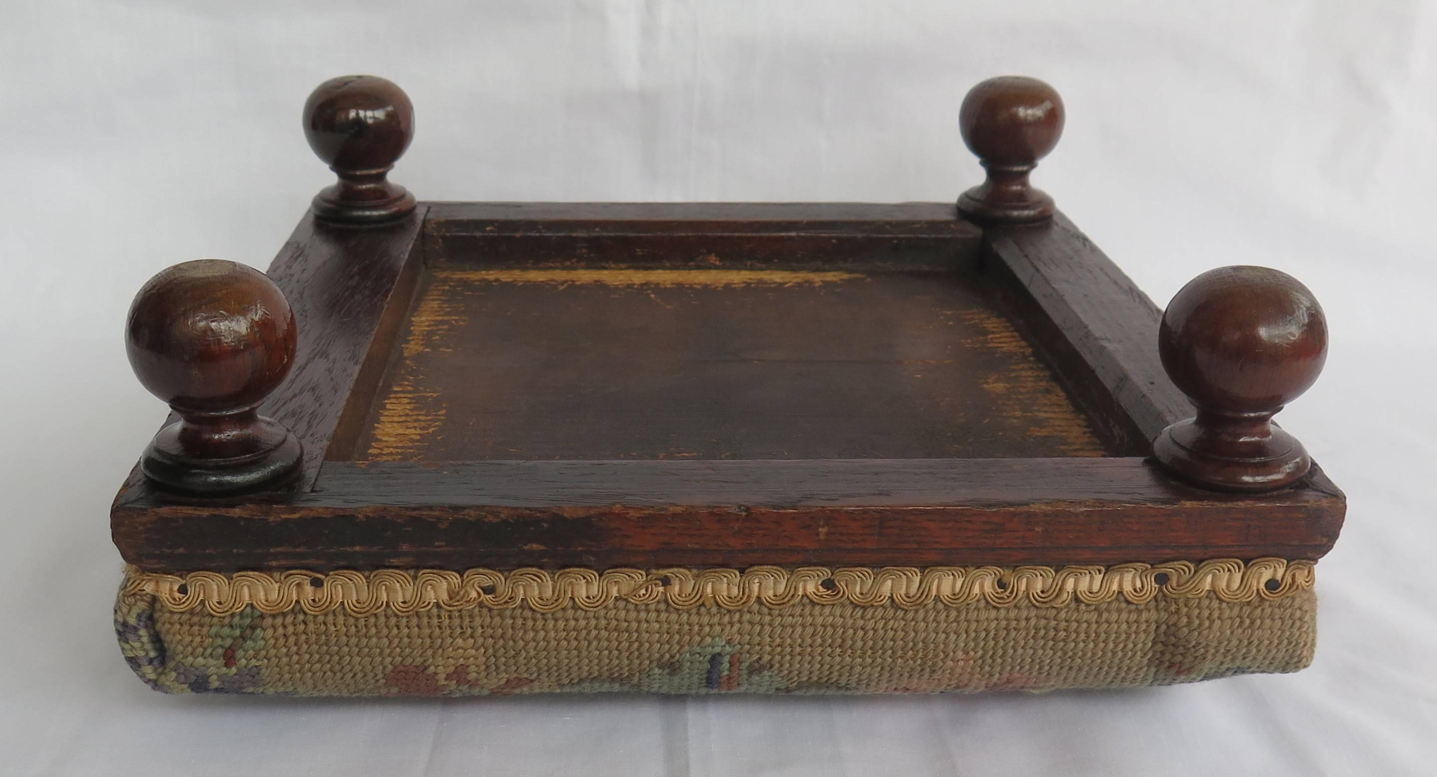 Late Victorian Footstool Oak with Bun Feet Tapestry top, English Circa 1880 1