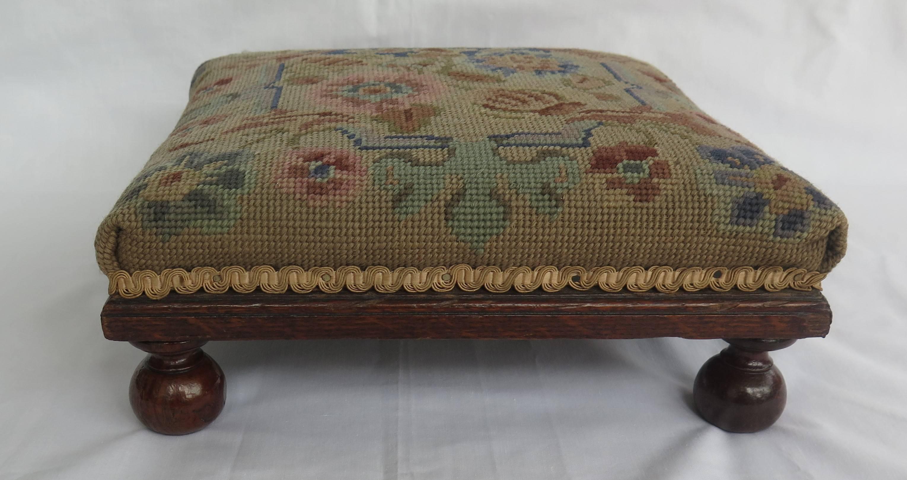 Late Victorian Footstool Oak with Bun Feet Tapestry top, English Circa 1880 In Good Condition In Lincoln, Lincolnshire