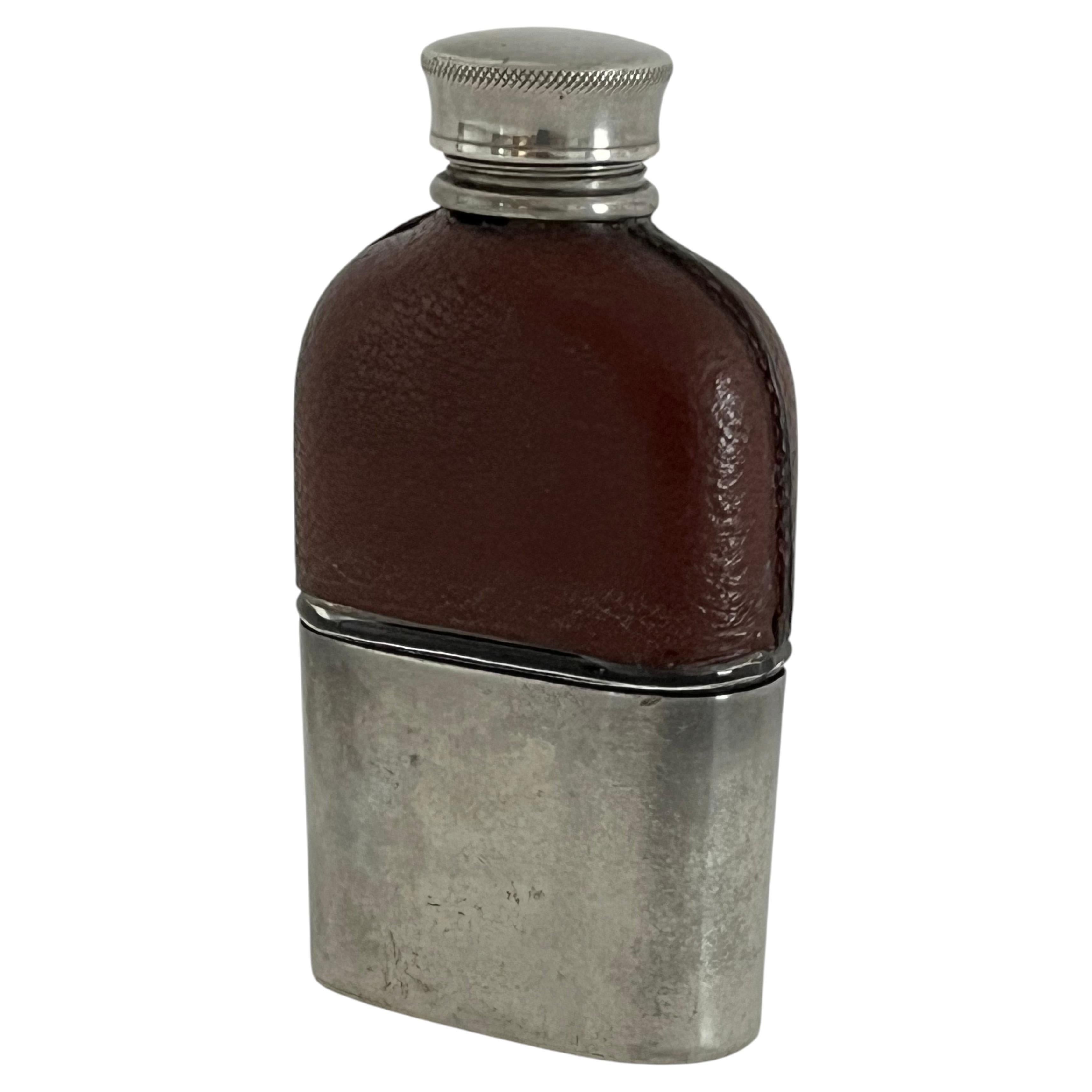 Antique Ladies Hip Flask, Glass & Leather, Pewter Cup, Circa 1890 For Sale
