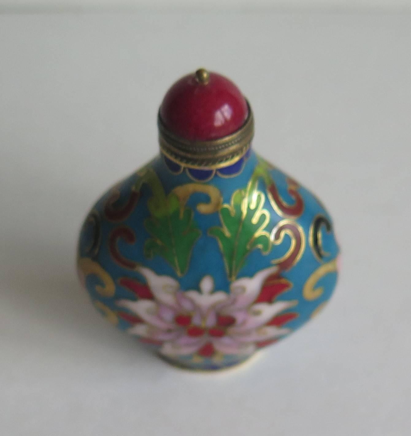 20th Century Chinese Snuff Bottle Hand Enameled Cloisonne with Red Stone Stopper, circa 1930