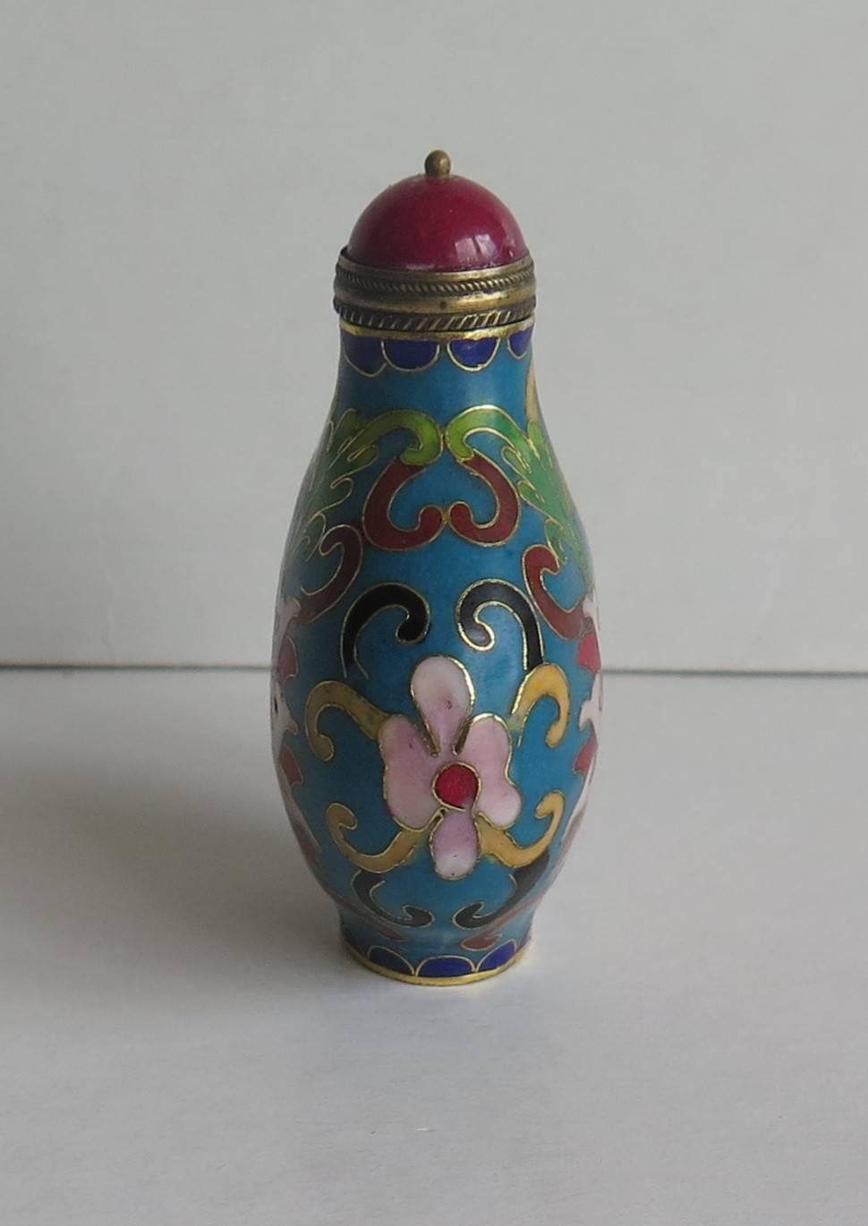 Qing Chinese Snuff Bottle Hand Enameled Cloisonne with Red Stone Stopper, circa 1930