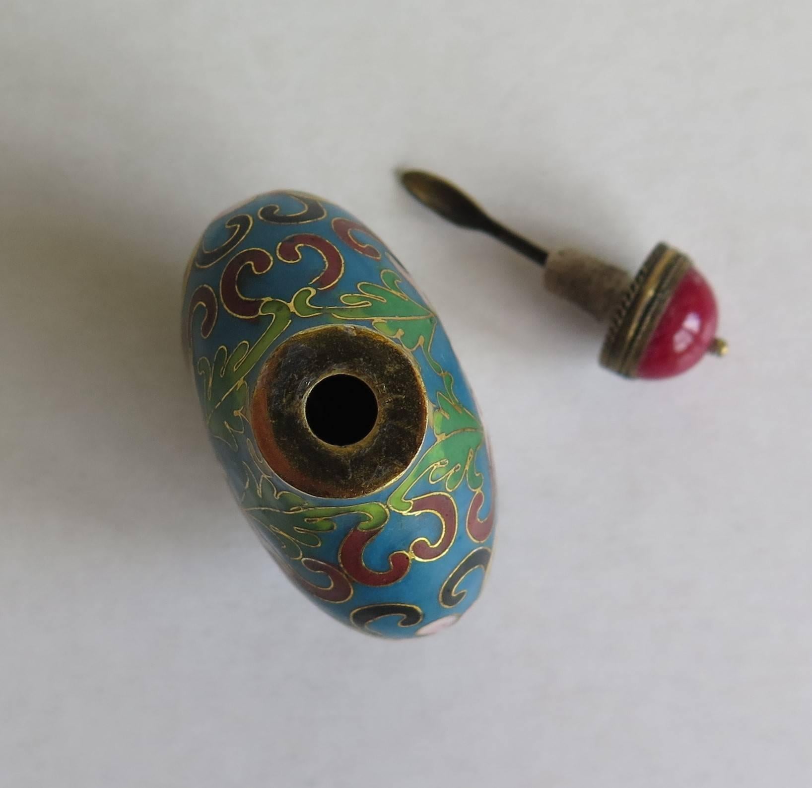 Chinese Snuff Bottle Hand Enameled Cloisonne with Red Stone Stopper, circa 1930 1