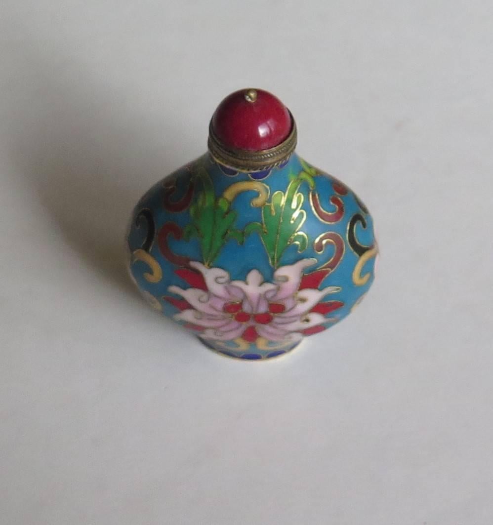 Brass Chinese Snuff Bottle Hand Enameled Cloisonne with Red Stone Stopper, circa 1930
