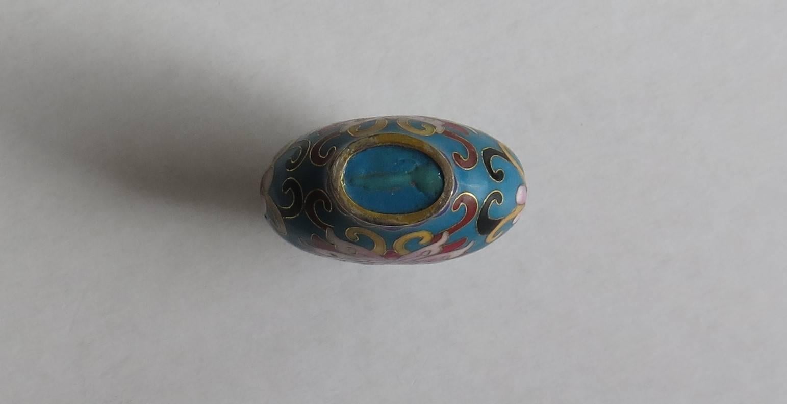 Chinese Snuff Bottle Hand Enameled Cloisonne with Red Stone Stopper, circa 1930 2