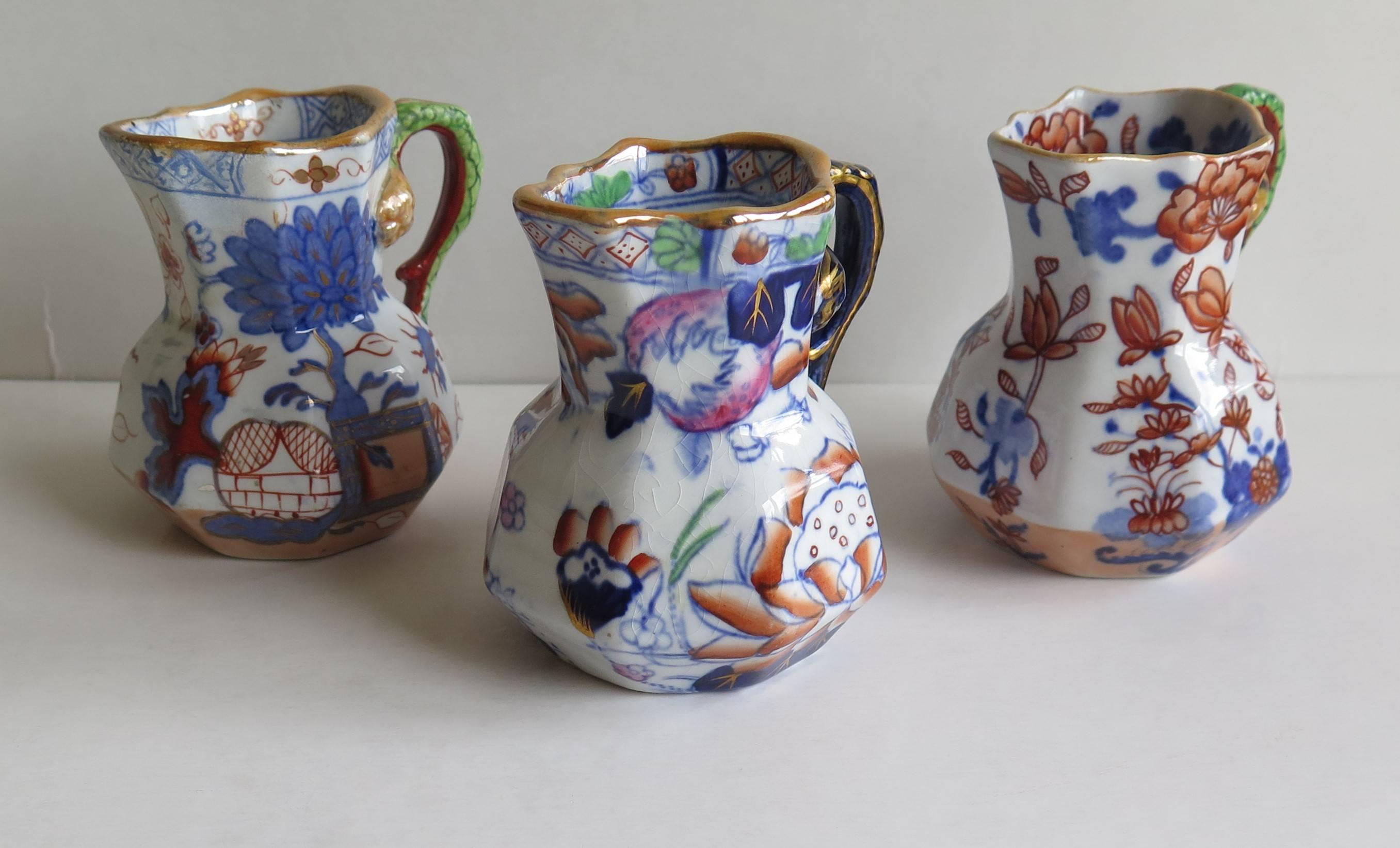 English Mason's Ironstone Harlequin Set of THREE Small Jugs or Pitchers, Mid 19th C.