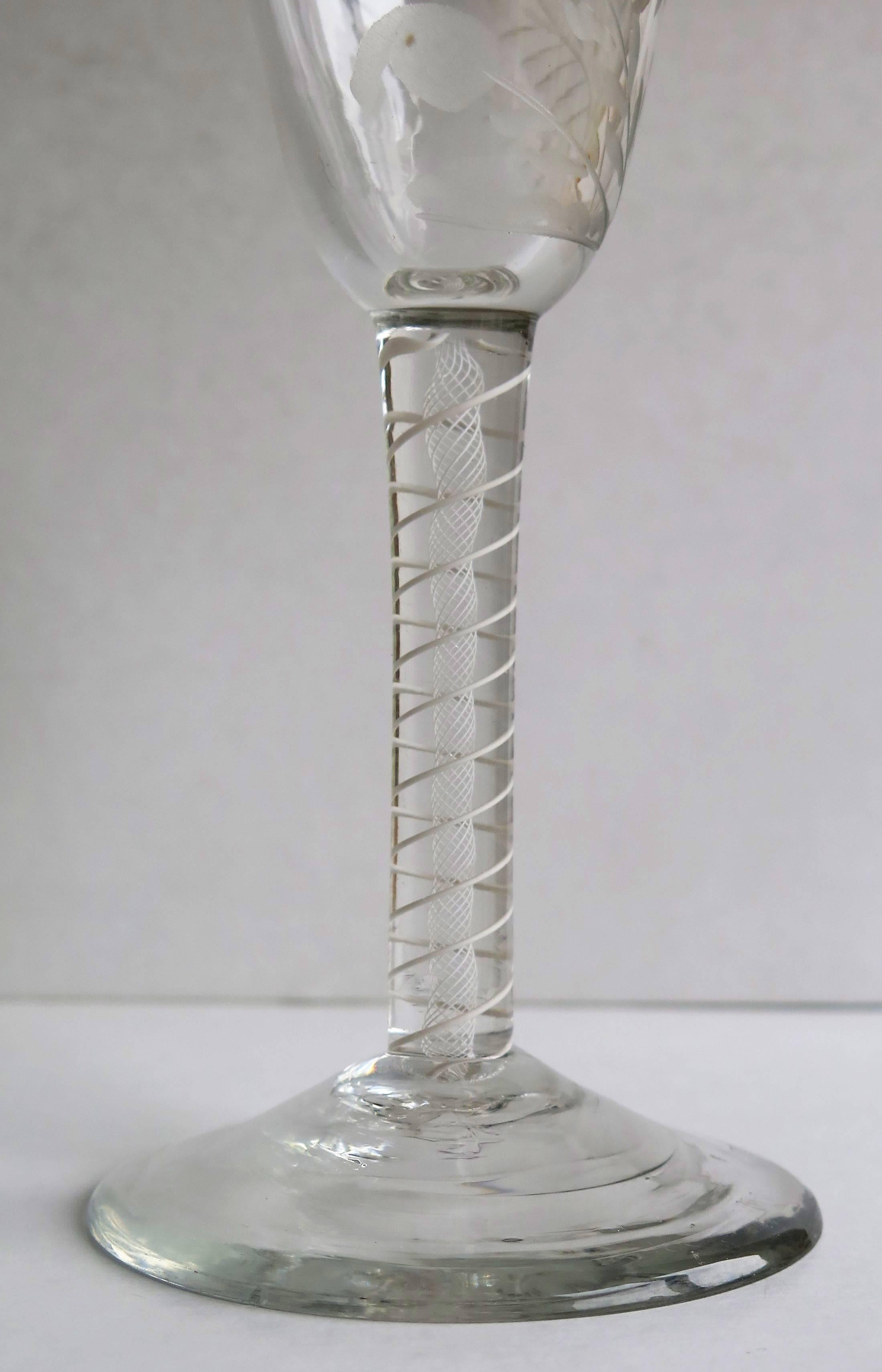 Georgian Rare 18th C. Jacobite Engraved, English Wine Glass, Cotton twist Stem, Ca 1760