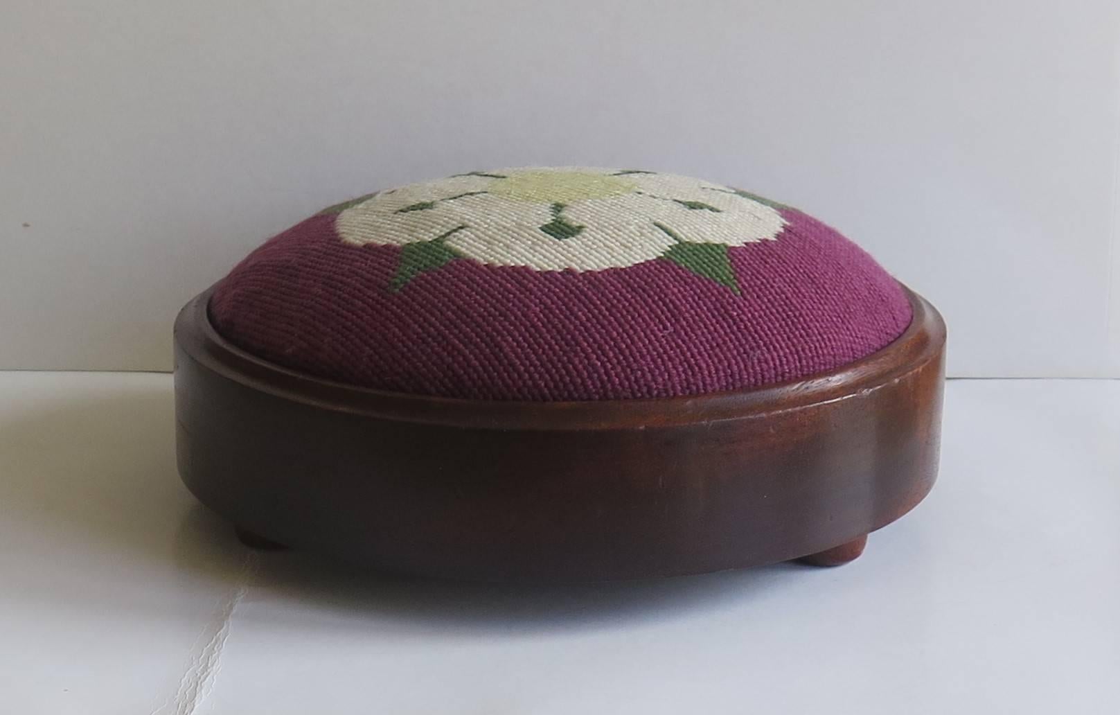 English Victorian Footstool Mahogany frame Hand Embroidered wool-work Top, Circa 1880