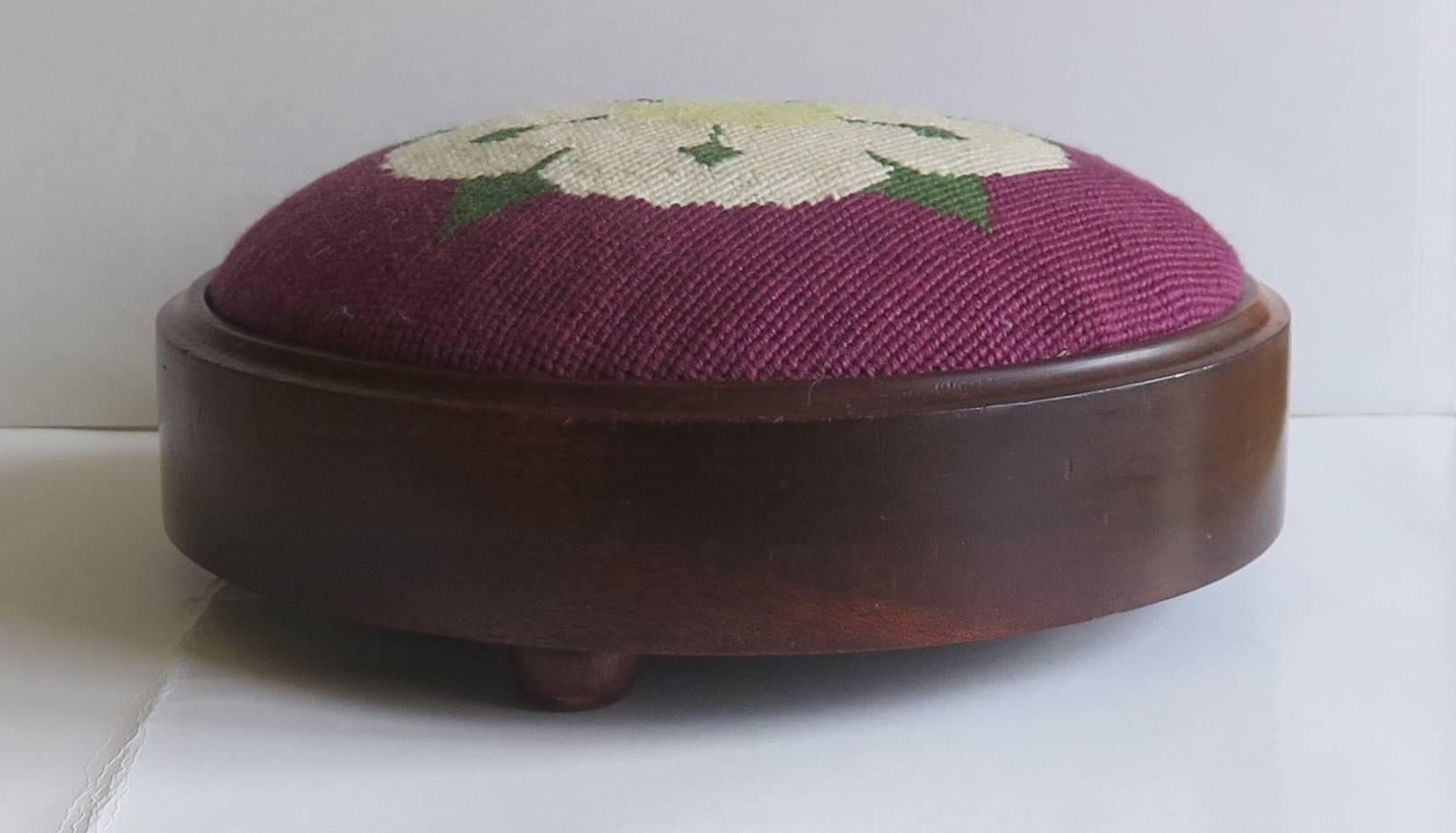 19th Century Victorian Footstool Mahogany frame Hand Embroidered wool-work Top, Circa 1880