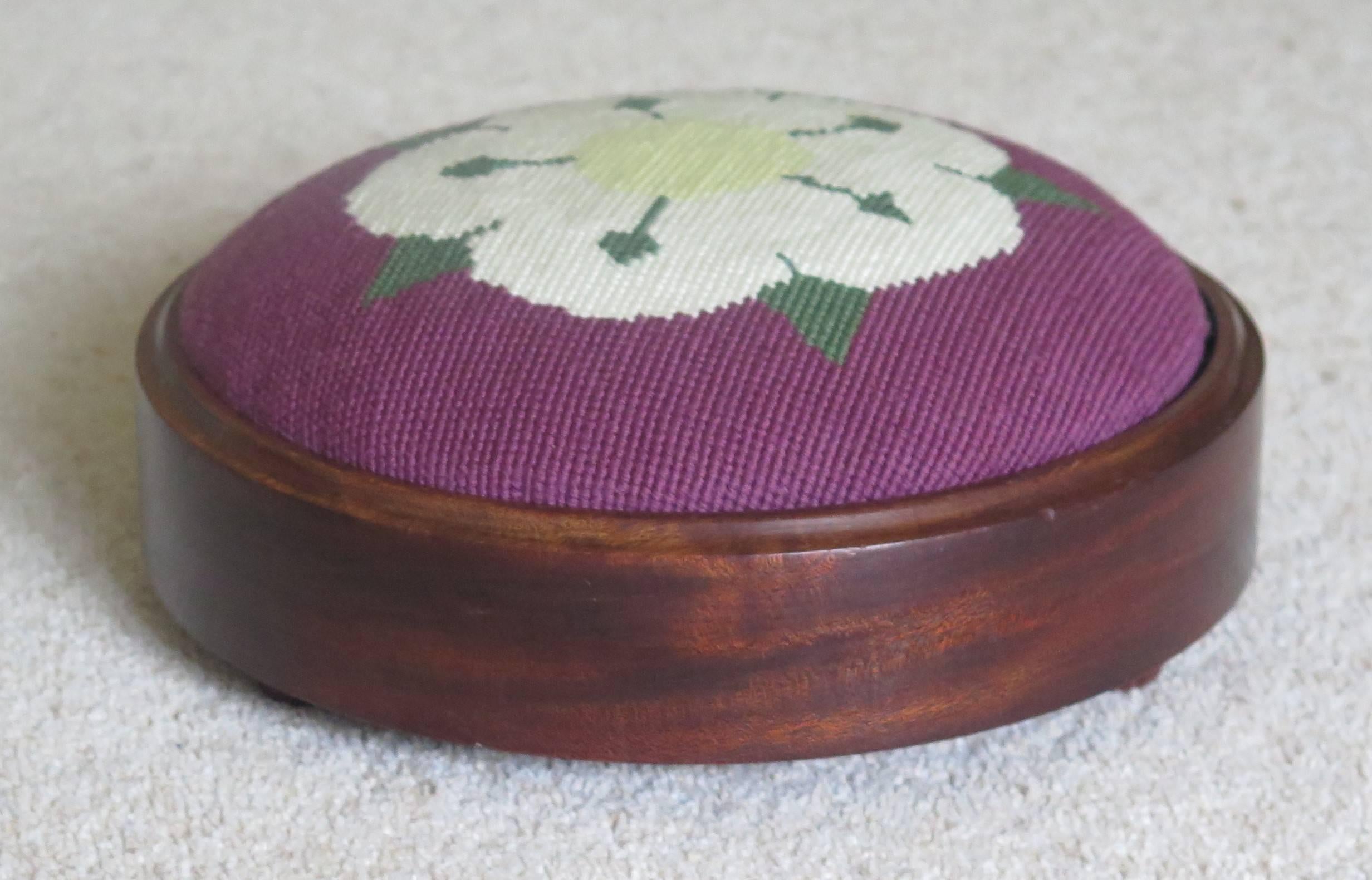 Art Nouveau Victorian Footstool Mahogany frame Hand Embroidered wool-work Top, Circa 1880