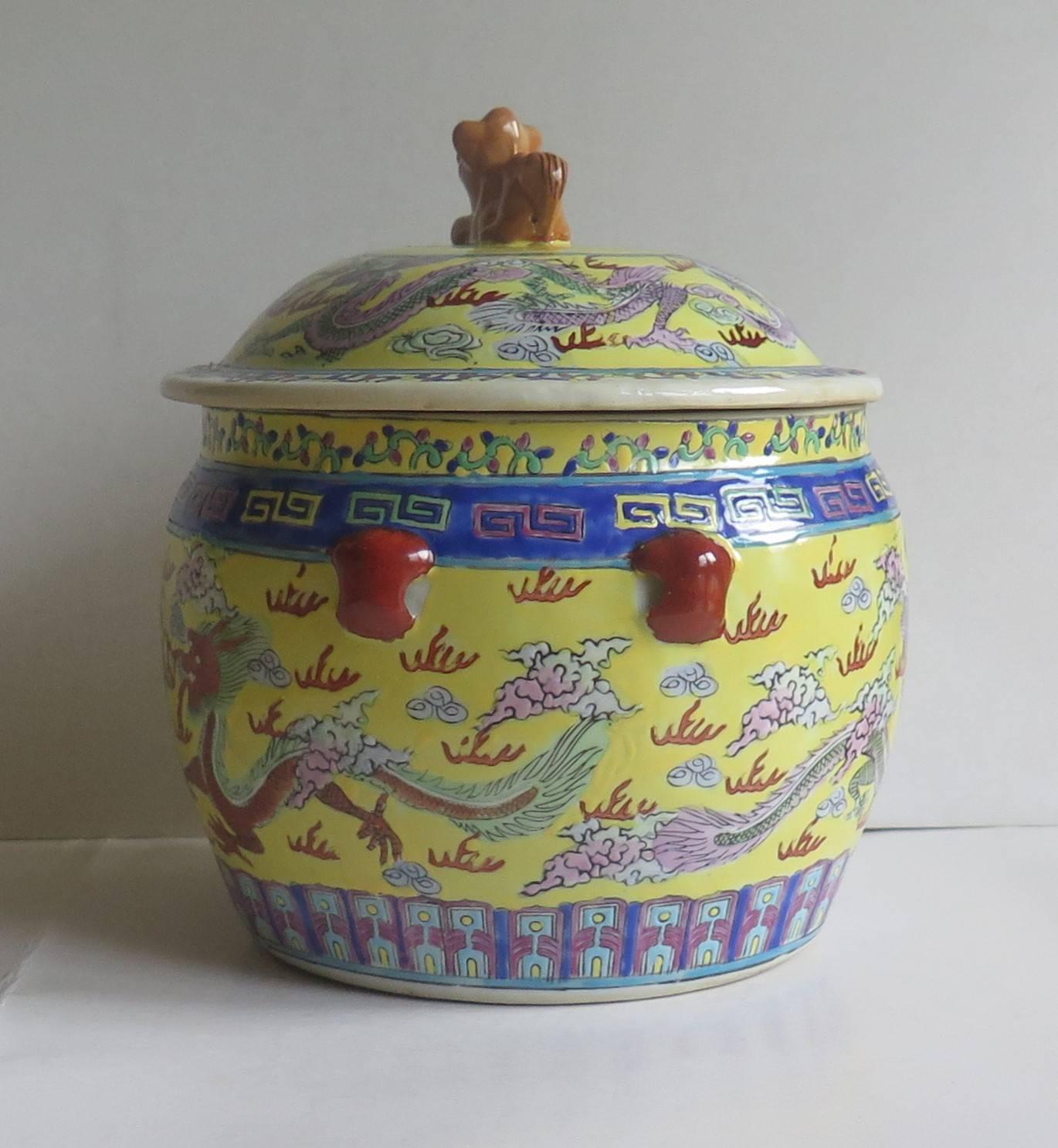Qing 19th Century Chinese Export Lidded Pot or Bowl, Porcelain, Dragon Decoration