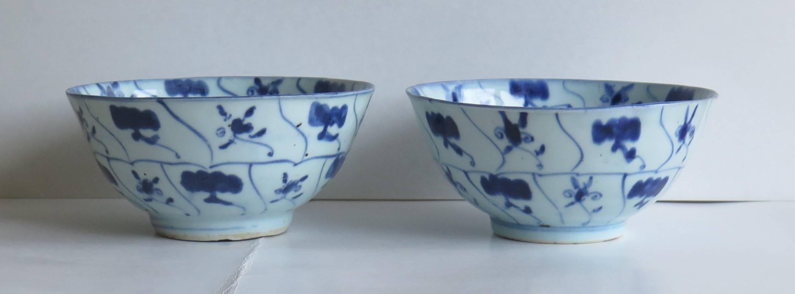 Hand-Painted 18th Century Pair of Chinese Porcelain Bowls Blue and White, Qing circa 1770