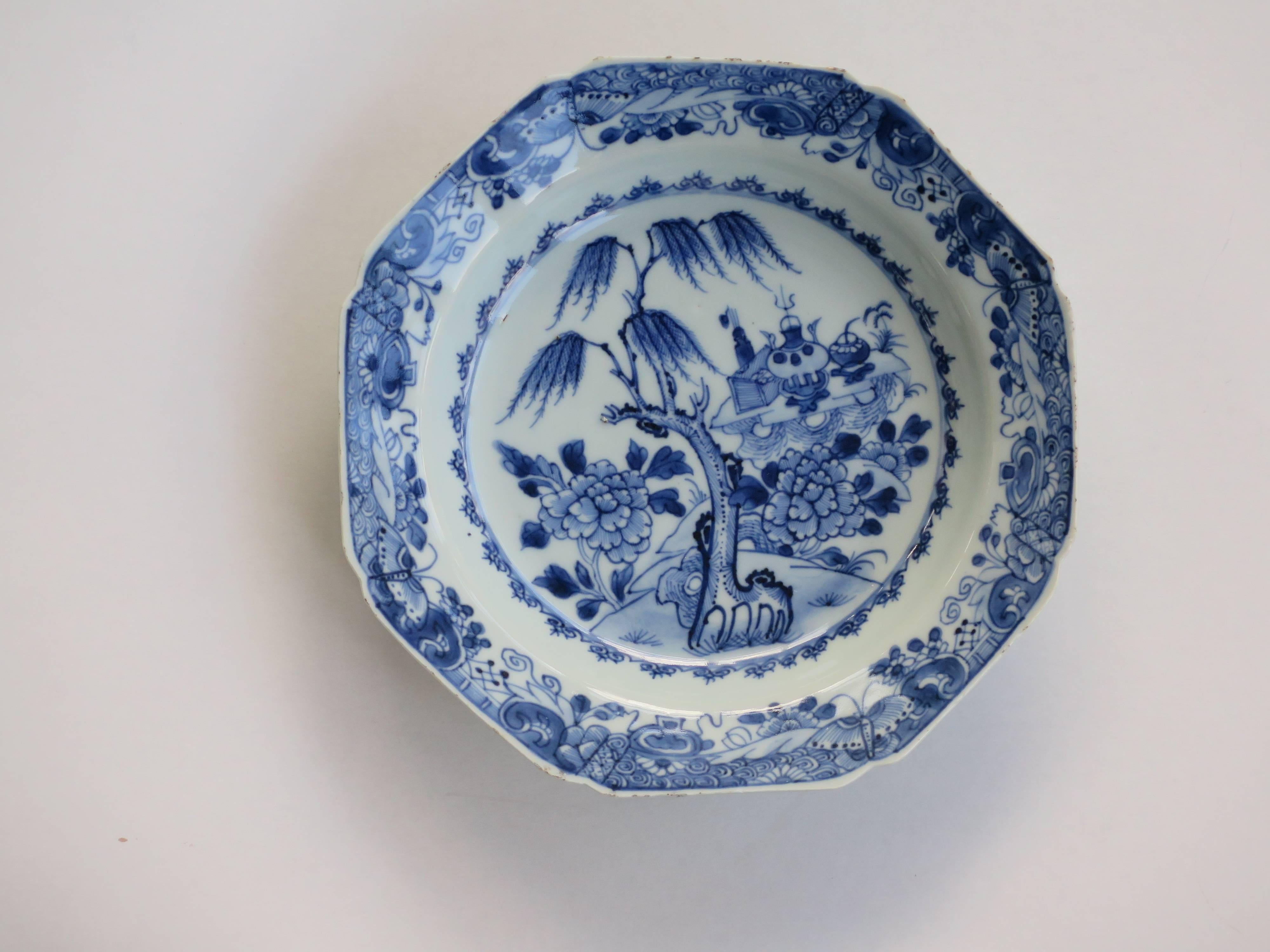 Hand-Painted Chinese Export Soup Plate, Canton, Blue and White Porcelain, Qing, circa 1780
