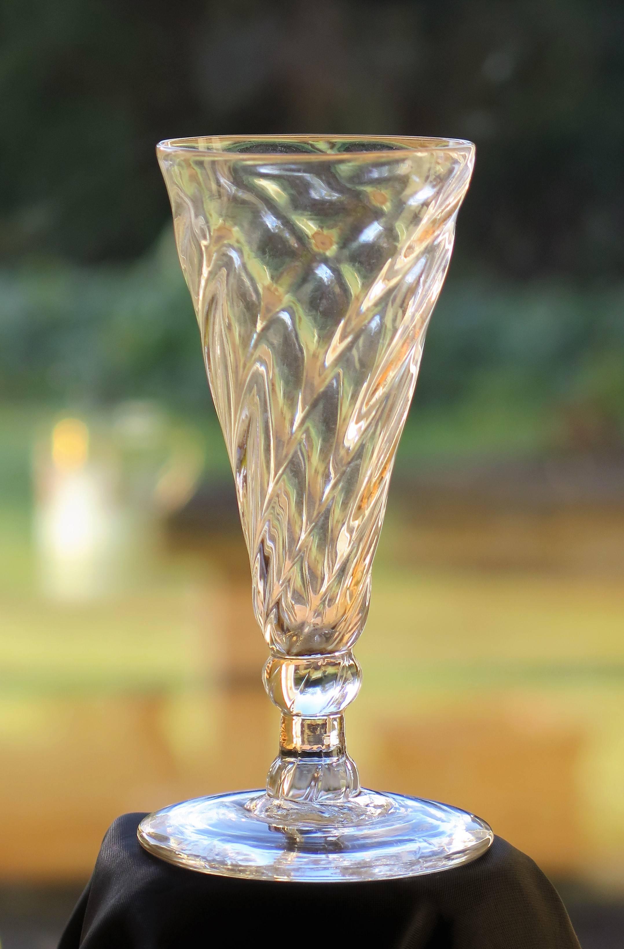 English Mid-Georgian, Dwarf Ale Drinking Glass, Wrythen Bowl, Handblown, circa 1760