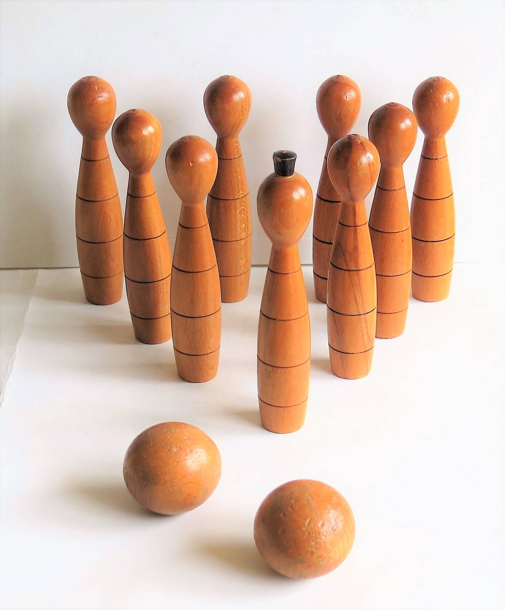 Country Indoor Carpet Skittles Game, Nine-Pin, Two Balls and Stand, circa 1930s