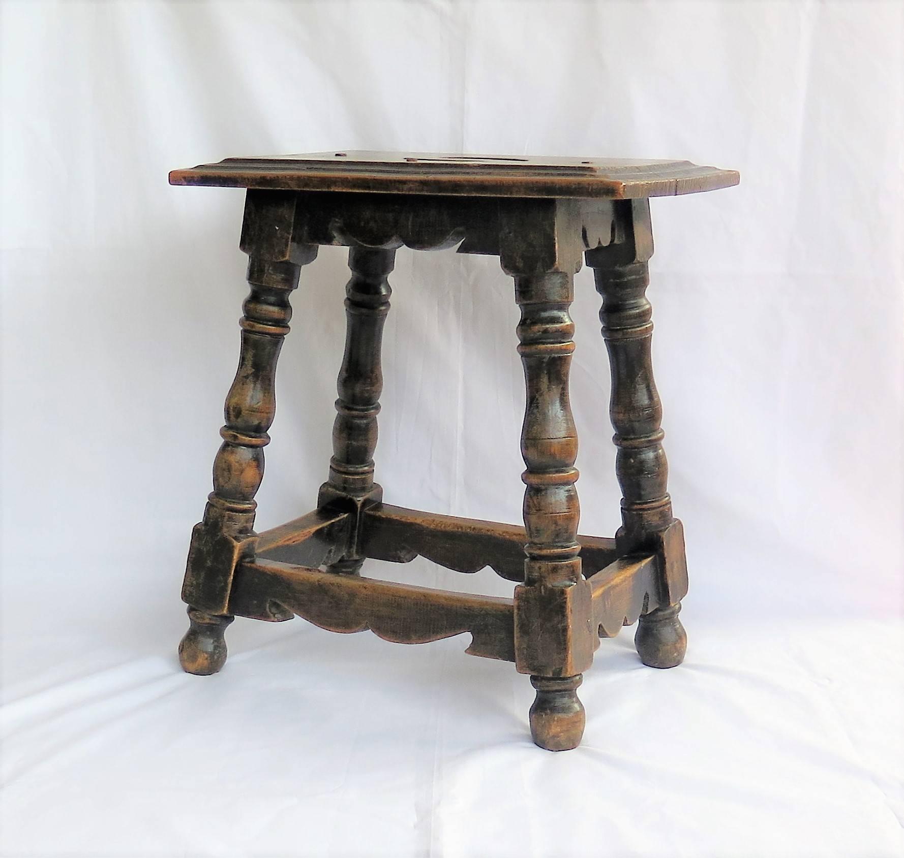 19th Century Walnut Stool Jointed and pegged with turned Legs, French Ca 1830 1