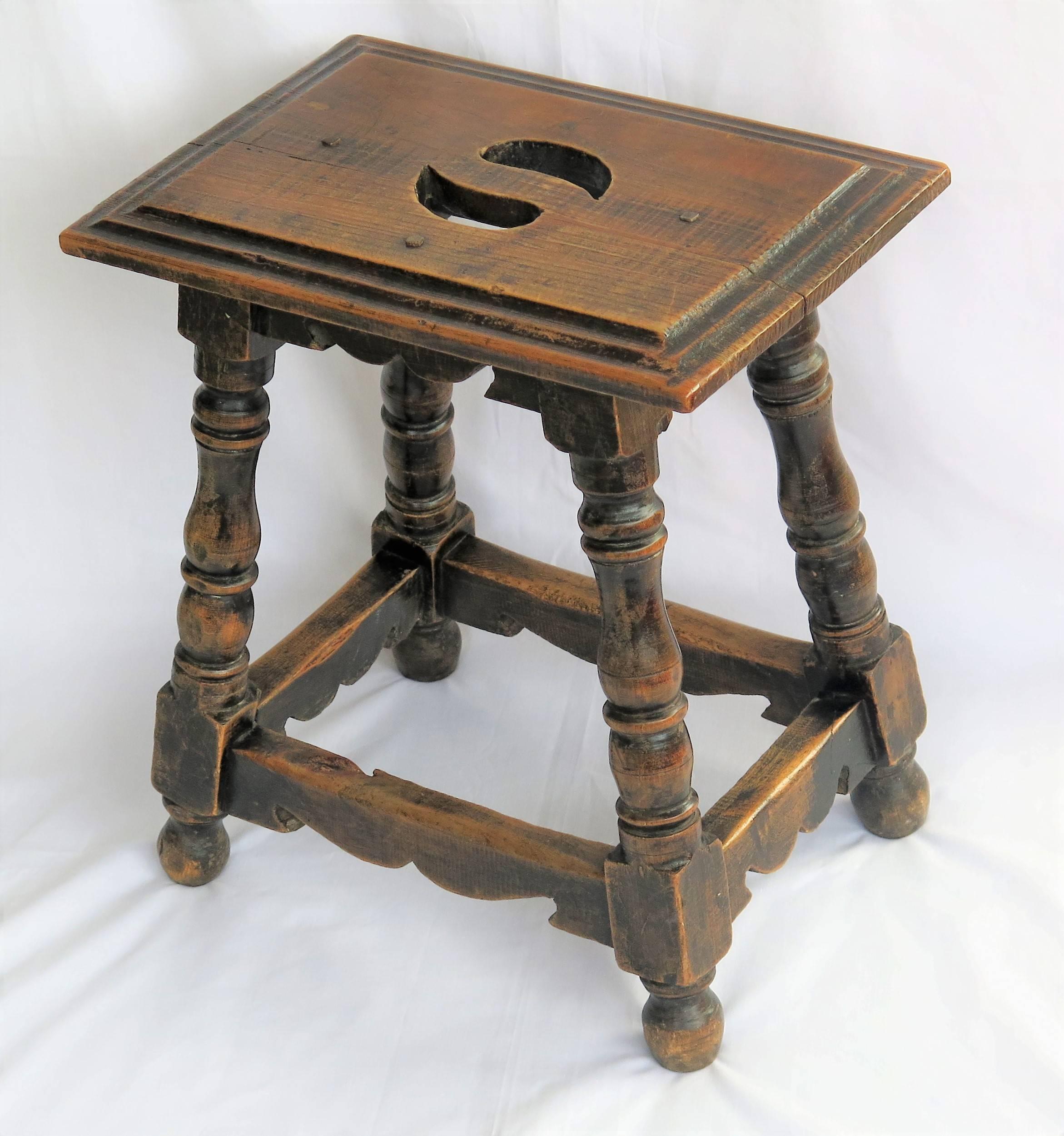 French Provincial 19th Century Walnut Stool Jointed and pegged with turned Legs, French Ca 1830
