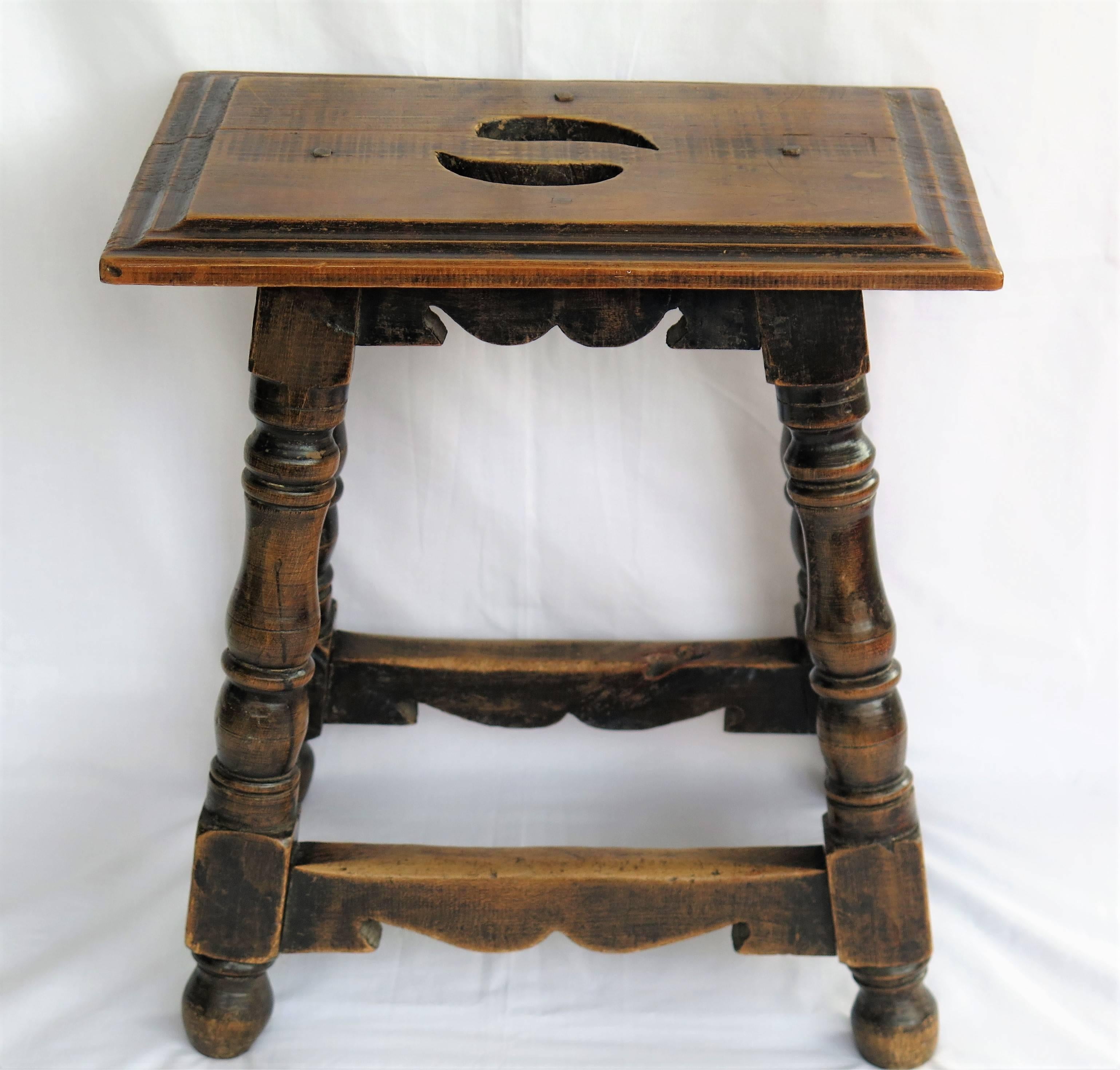 Hand-Crafted 19th Century Walnut Stool Jointed and pegged with turned Legs, French Ca 1830