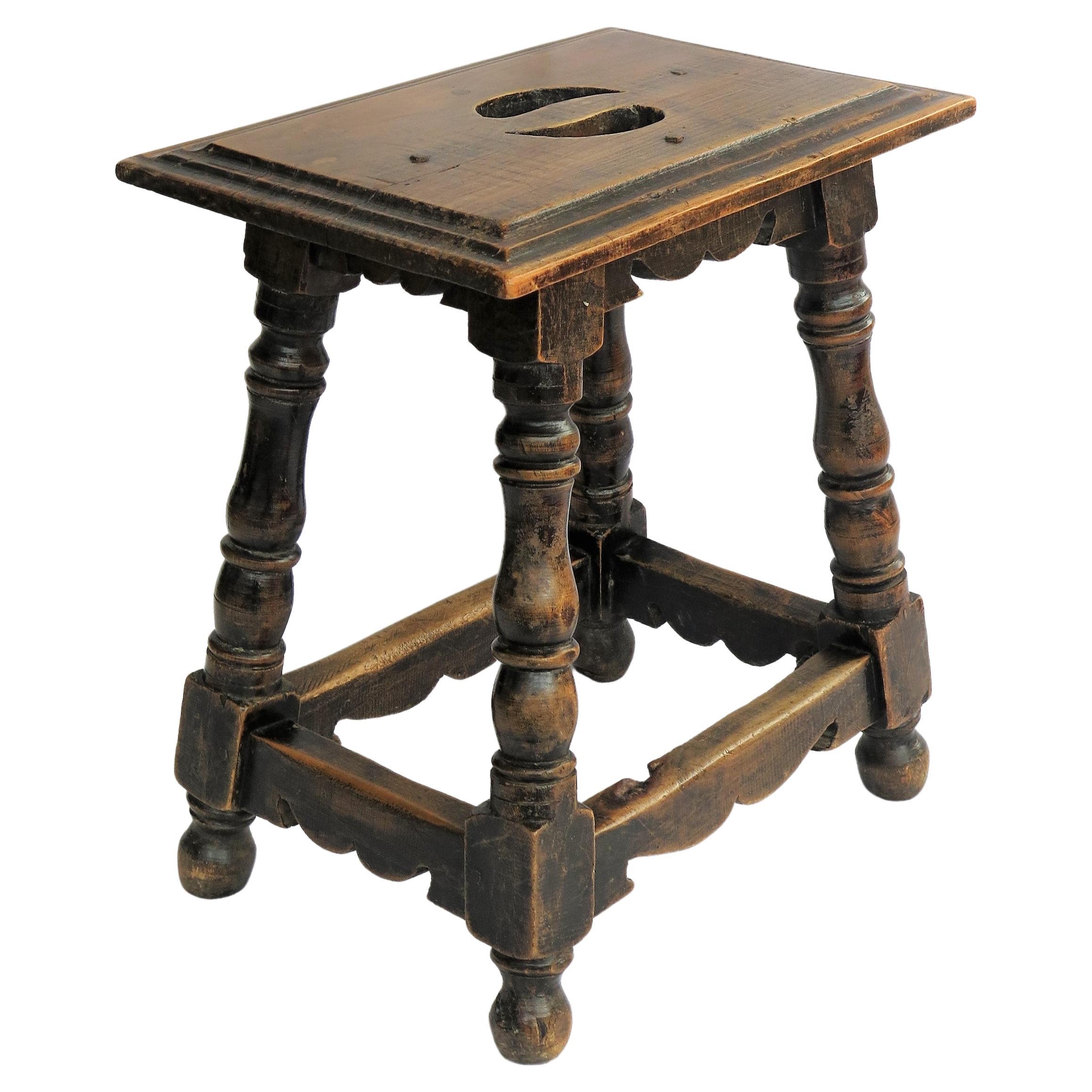 19th Century Walnut Stool Jointed and pegged with turned Legs, French Ca 1830