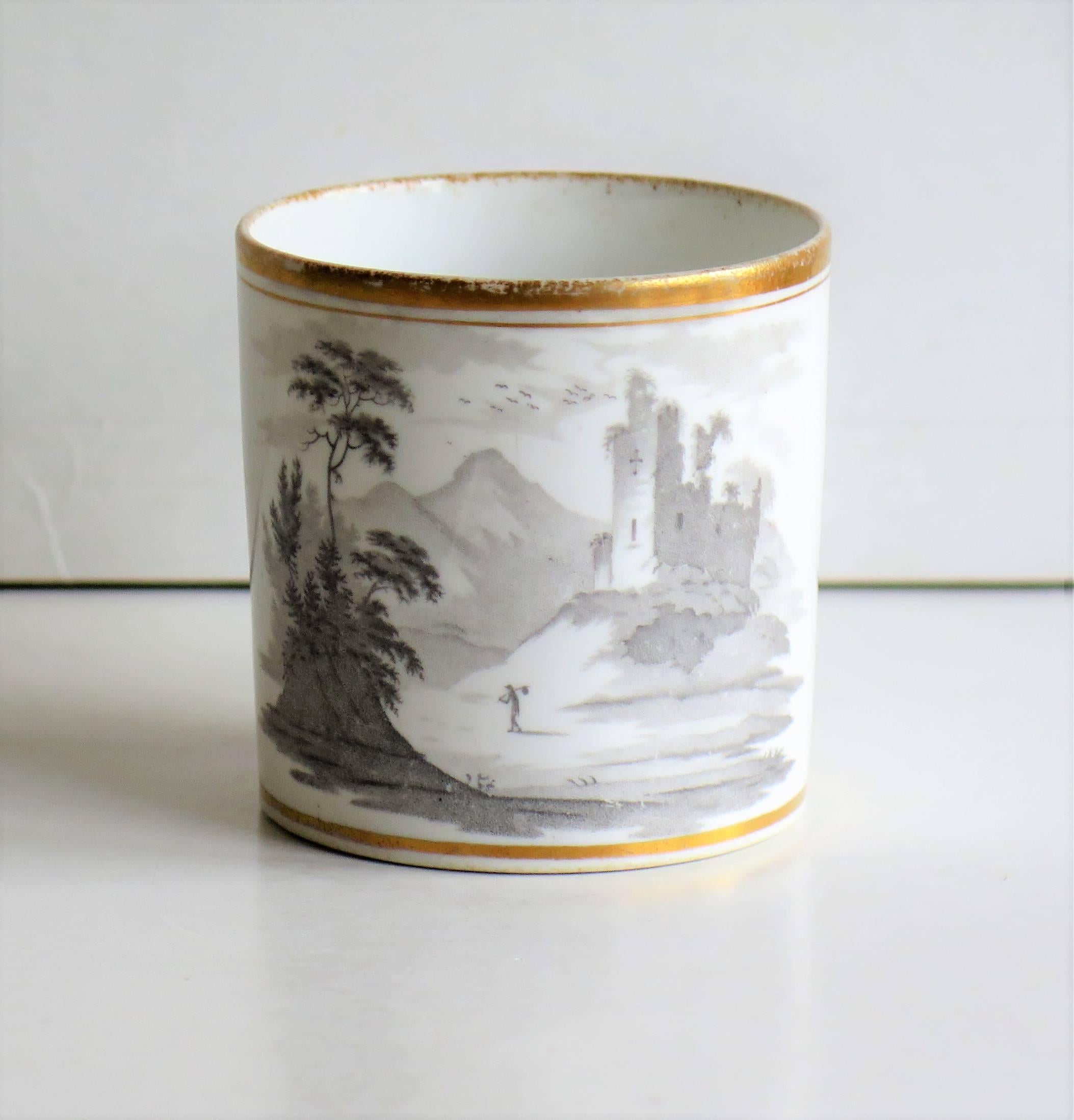 This is a good example of an English George III period, porcelain, coffee can, made by Spode, England in the early 19th century, circa 1810-1815.

The can is nominally straight sided and has the Spode loop handle with a pronounced kick or kink to