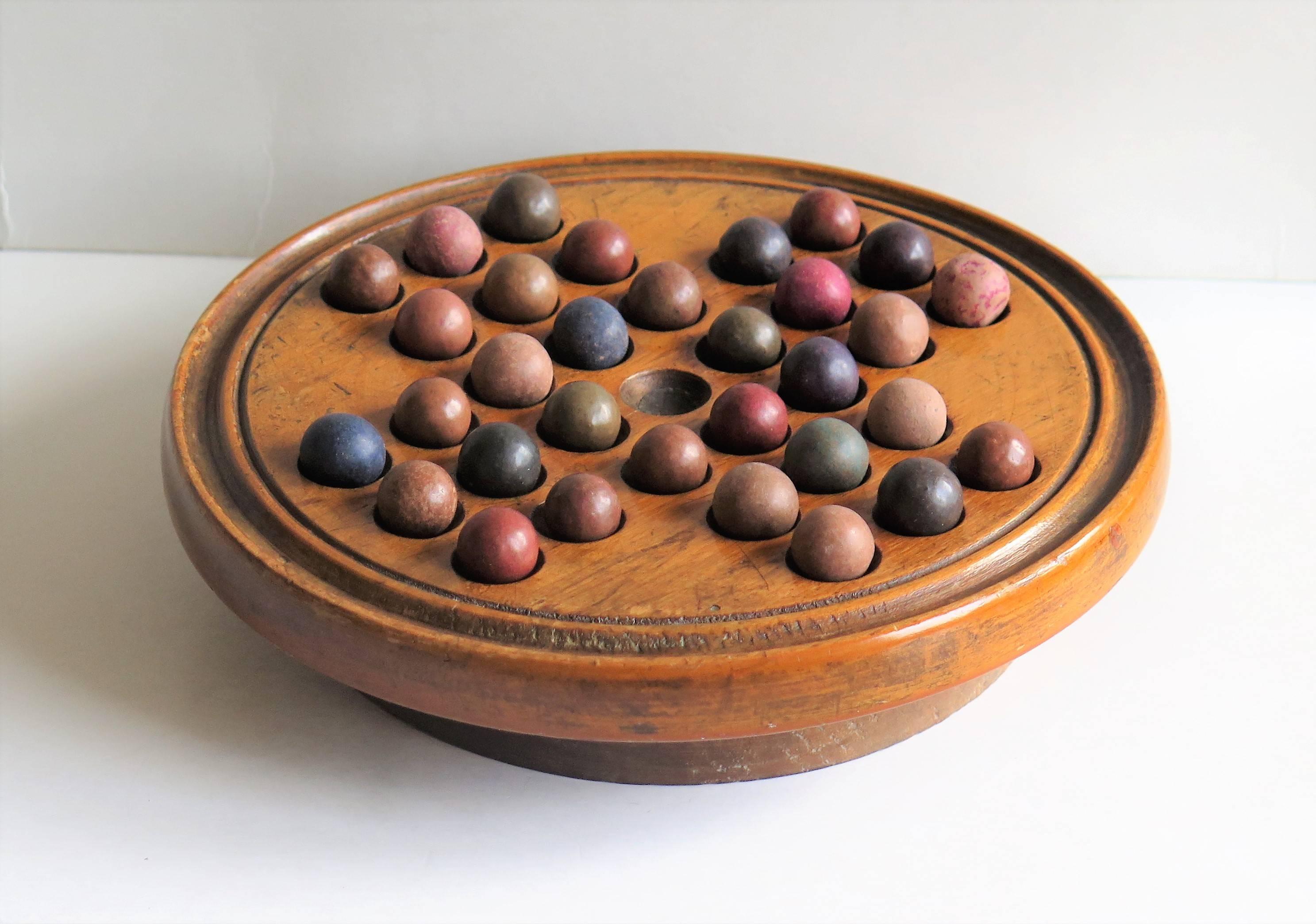 Victorian 19th Century Travelling Solitaire Marble Board Game, with 32 Handmade Marbles