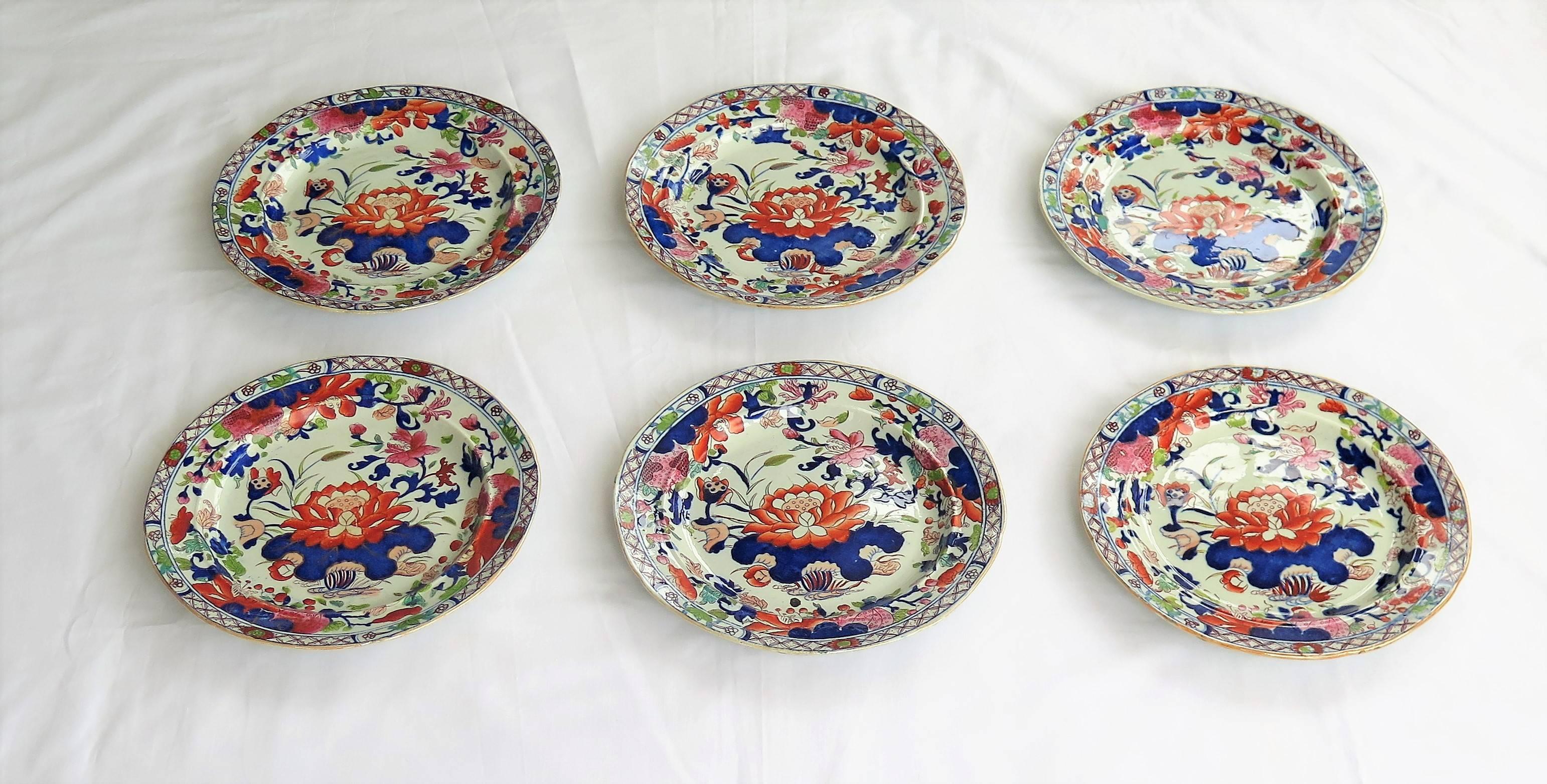 This is a rare and beautiful set of six Masons ironstone dinner plates, all dating to the earliest period between 1813 and 1820. 

All the plates are hand-painted in one of the earliest, most sought after and colorful patterns that Mason's have