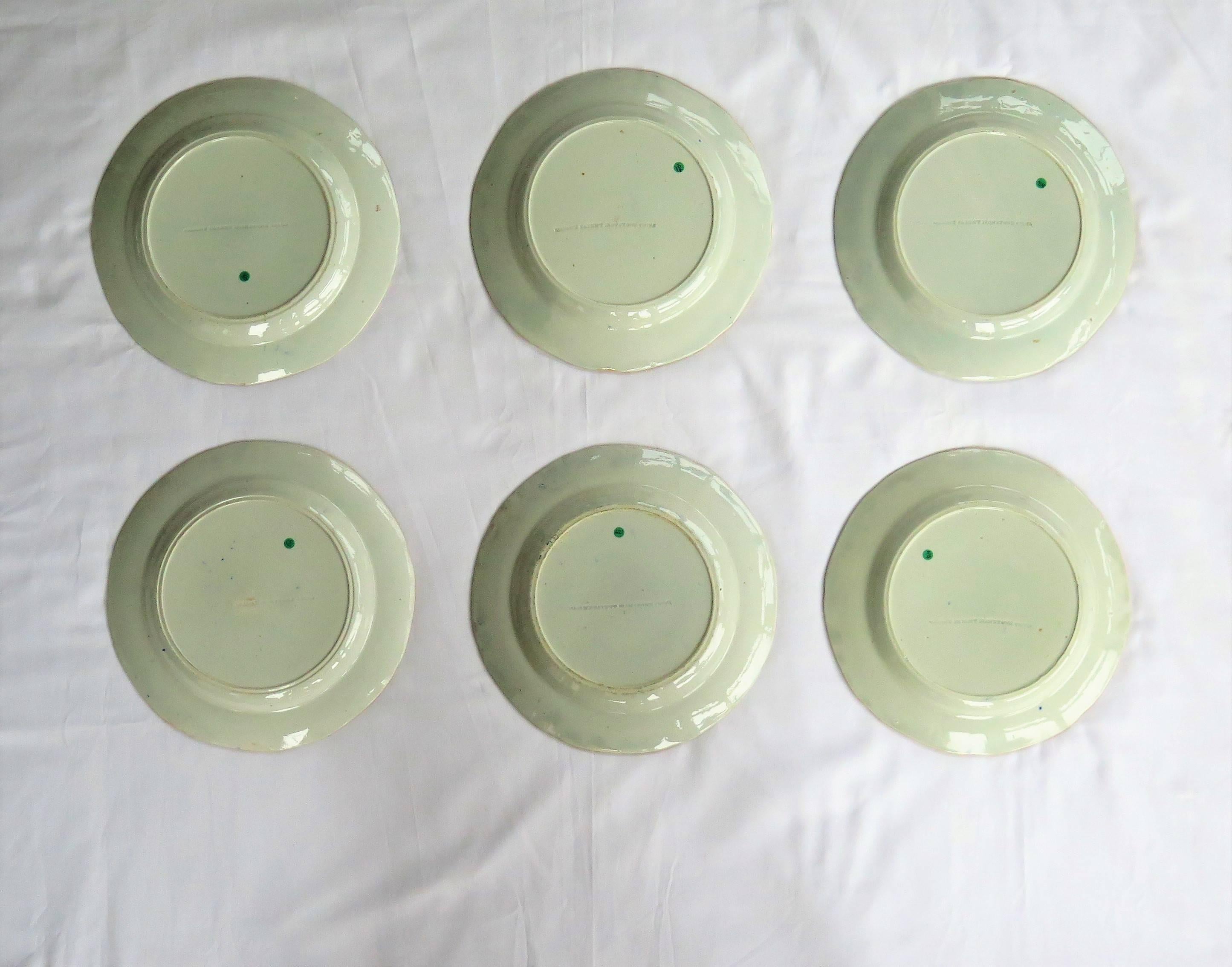 Rare Mason's Ironstone Six Dinner Plates, Water Lily Pattern, Set #1, circa 1815 2