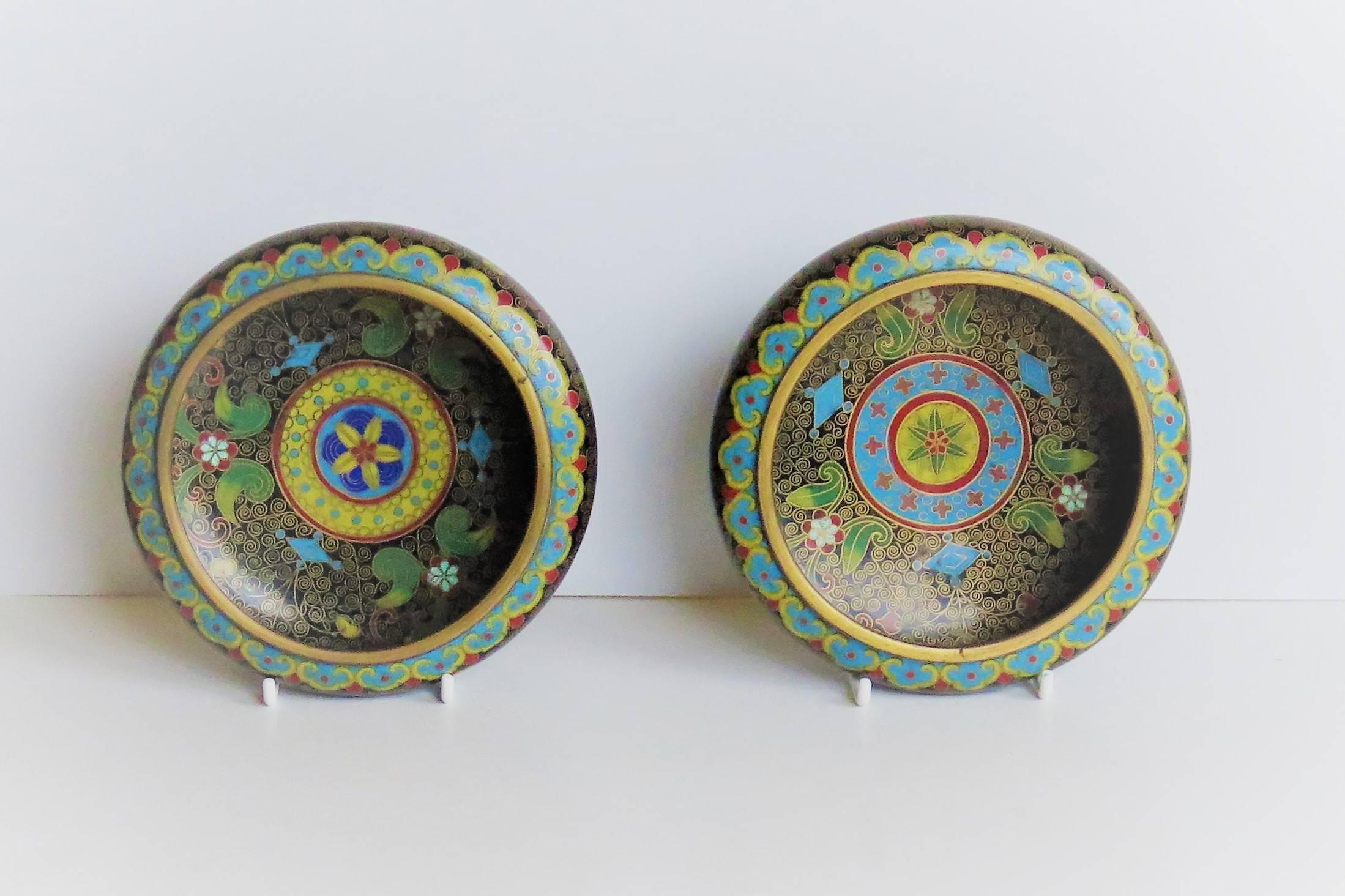 19th Century PAIR of Chinese Cloisonné Bowls with Ruji head borders, Qing Circa 1840