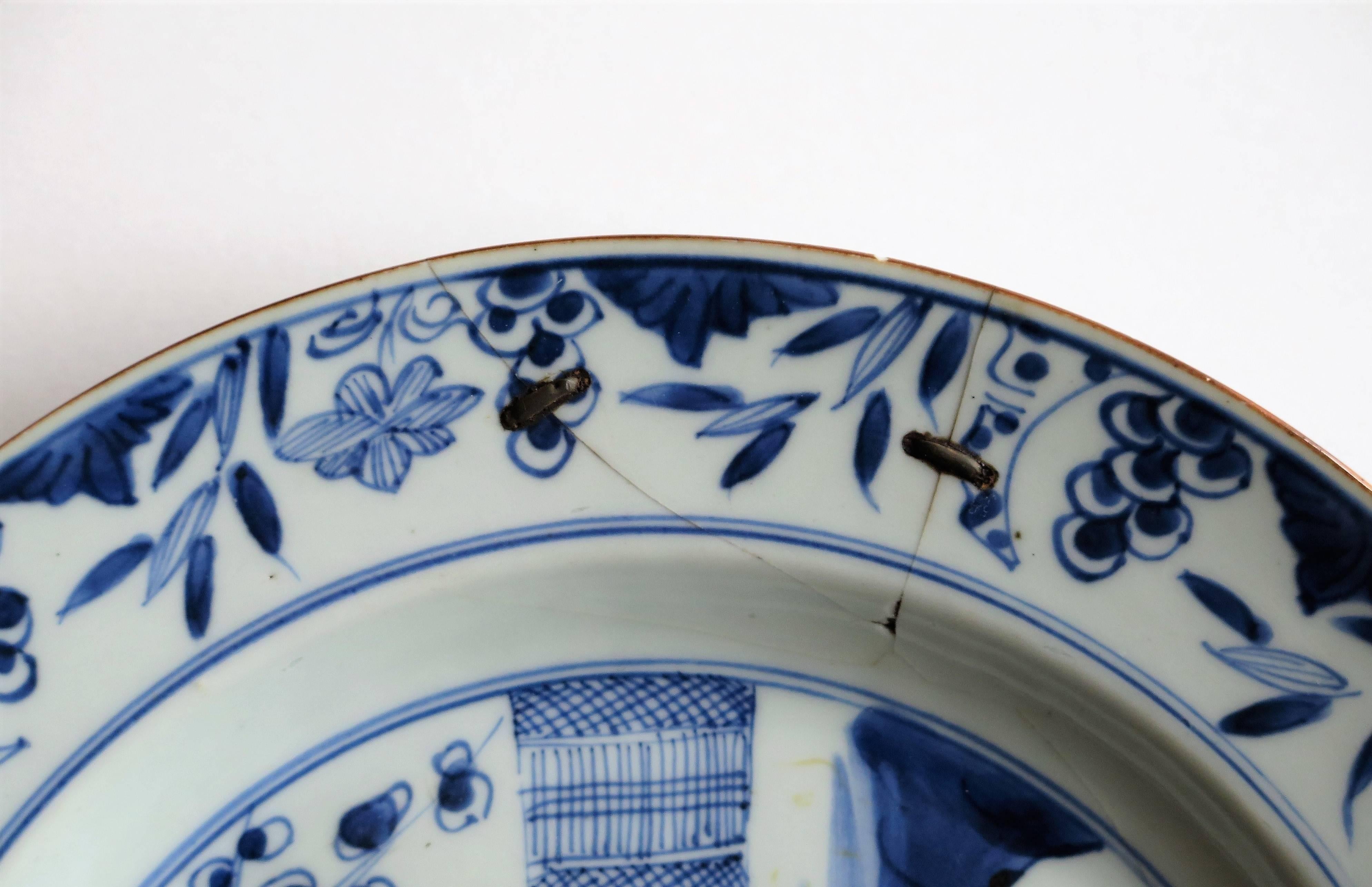 18th Century Large 18thC. Chinese Plate Porcelain Blue and White Rivet Repair, Qing Ca. 1720
