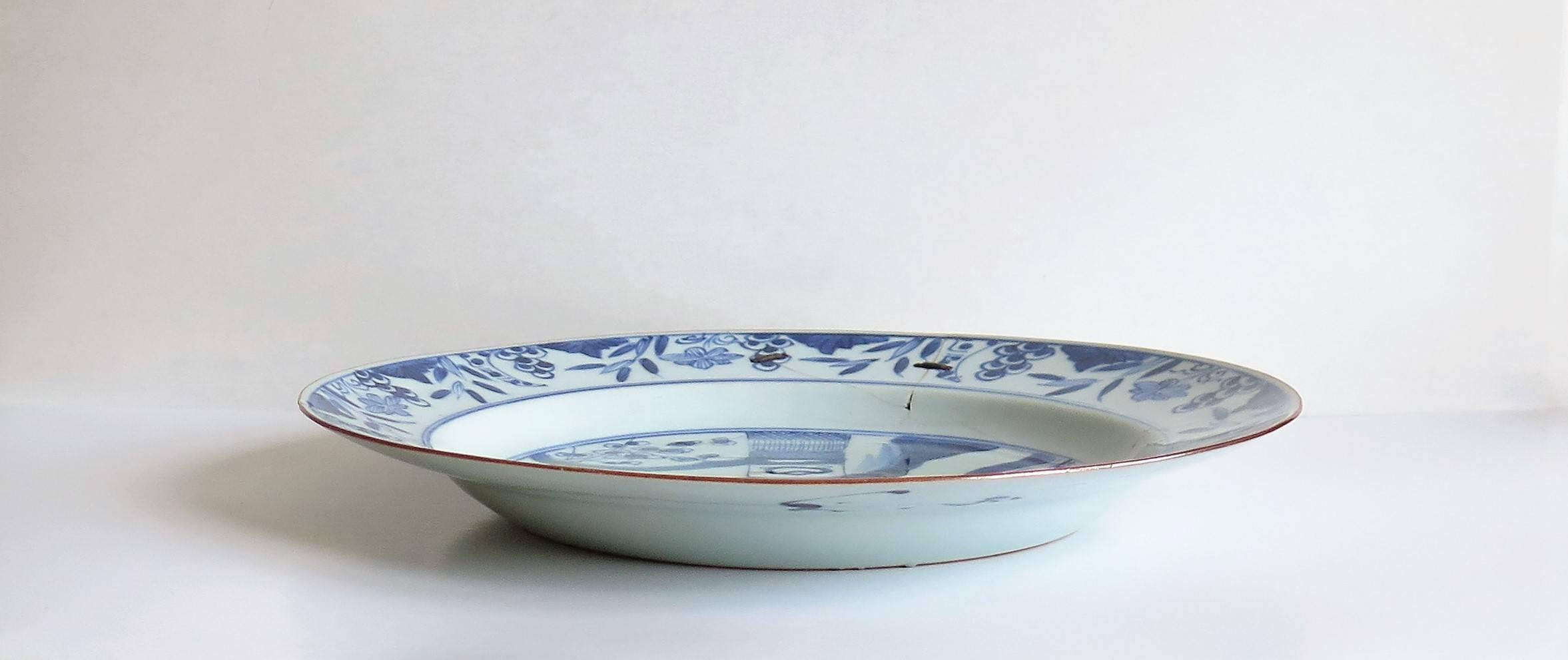 Large 18thC. Chinese Plate Porcelain Blue and White Rivet Repair, Qing Ca. 1720 1