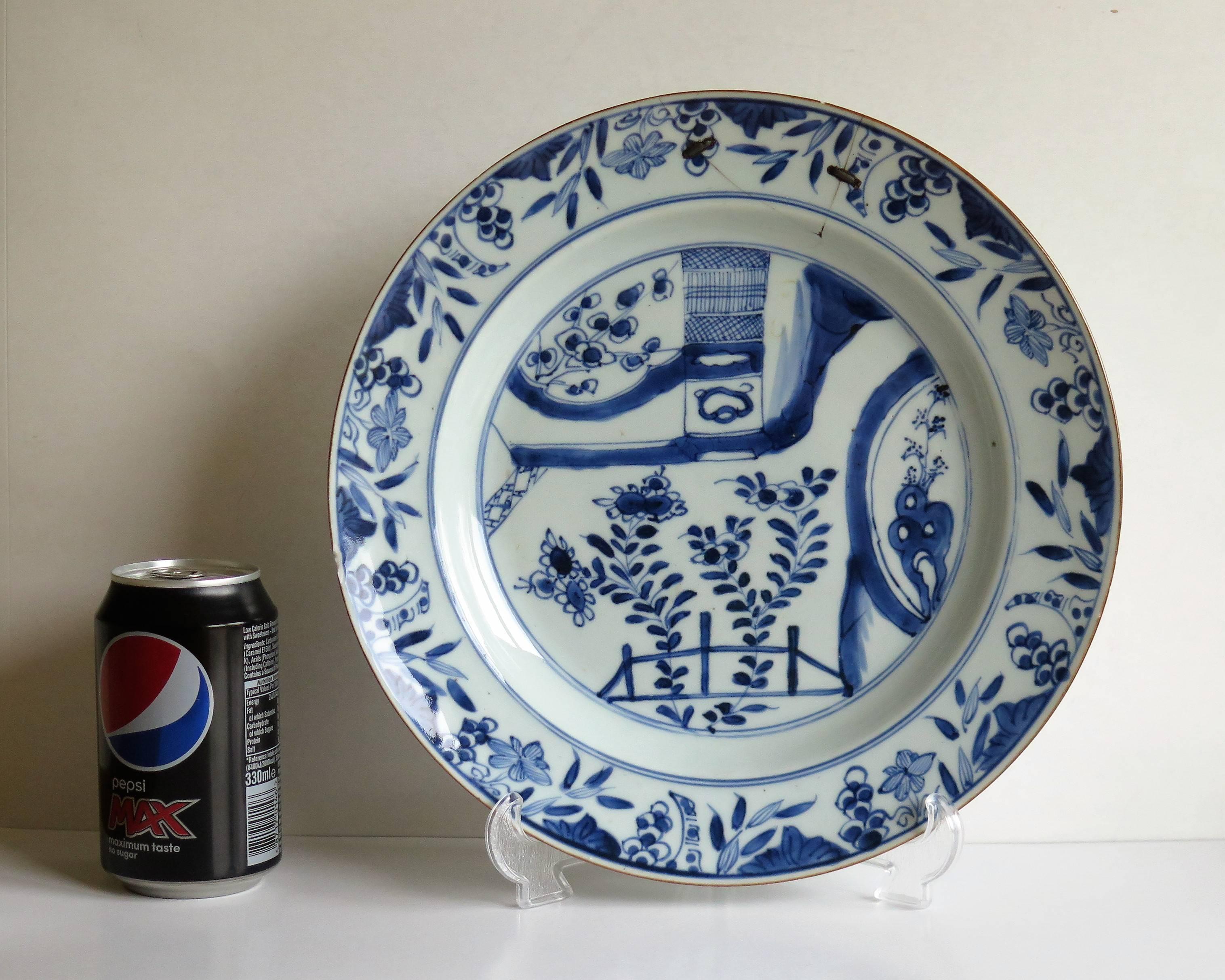 Large 18thC. Chinese Plate Porcelain Blue and White Rivet Repair, Qing Ca. 1720 2