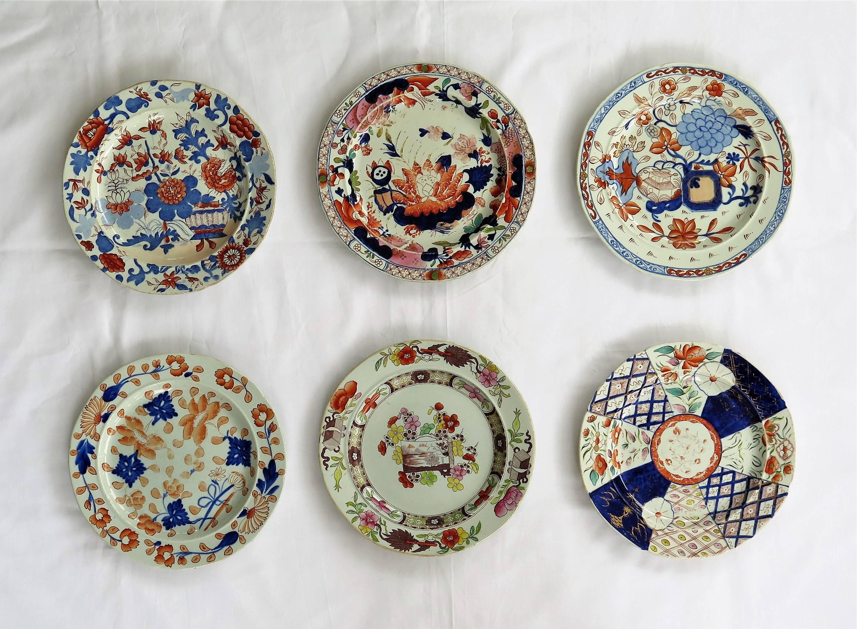 This is a harlequin set of six Mason's ironstone plates, all dating to the earliest period between 1813 and 1820. 

All the plates are the same nominal size and shape, but have different patterns and base marks as follows; 

Top row left: Japan