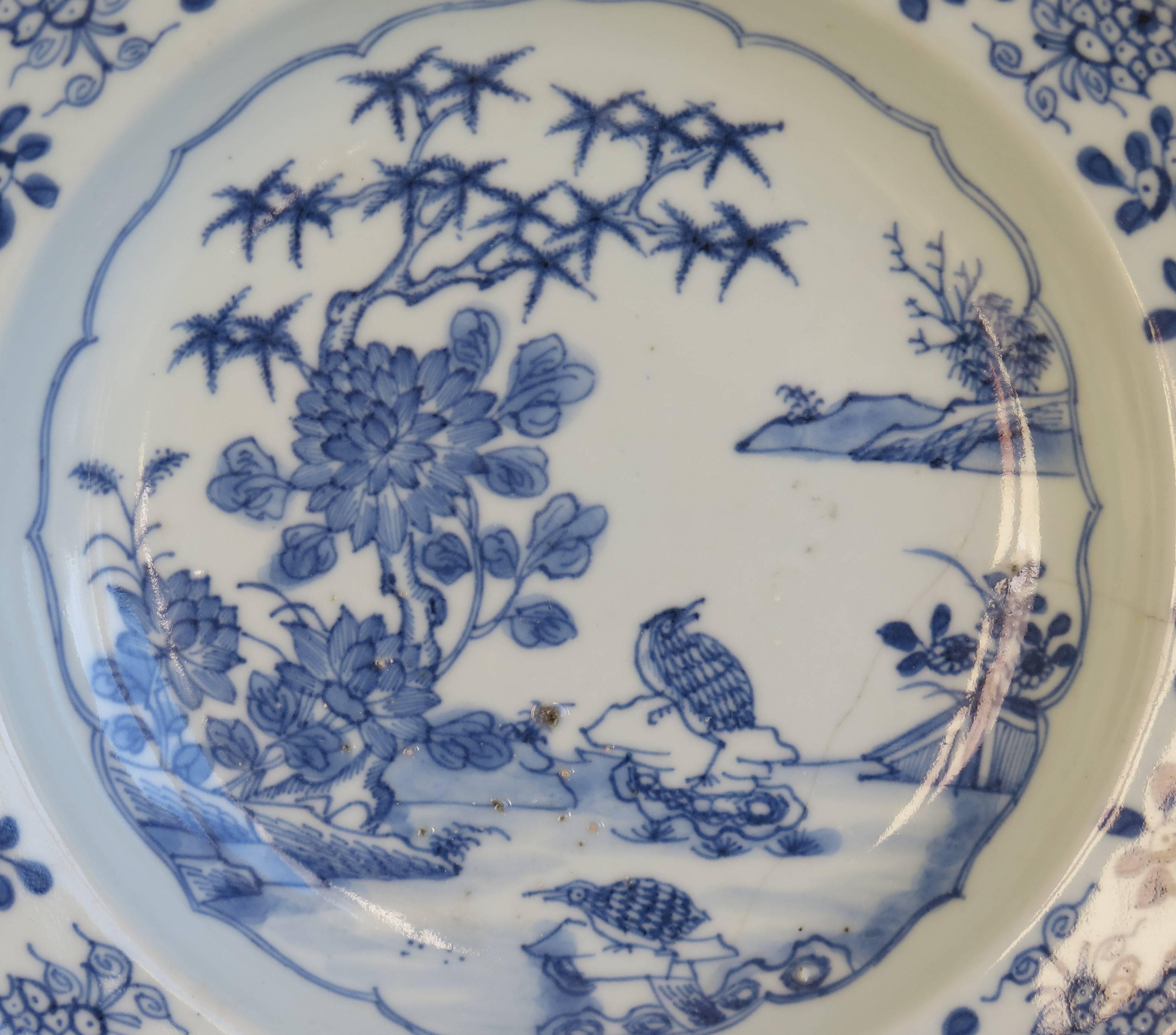 Qing Chinese Porcelain Plate or Bowl, Blue and White, Woodland Birds, circa 1770