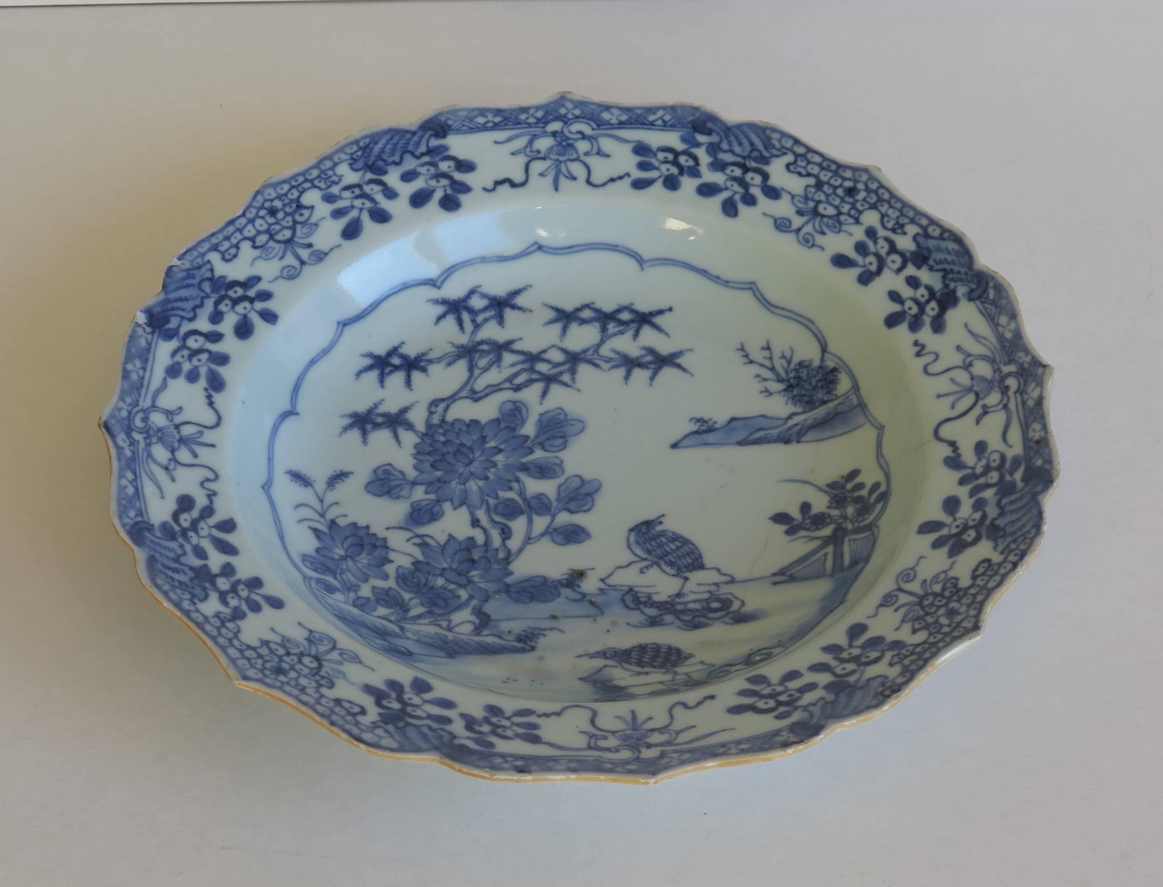 Hand-Painted Chinese Porcelain Plate or Bowl, Blue and White, Woodland Birds, circa 1770