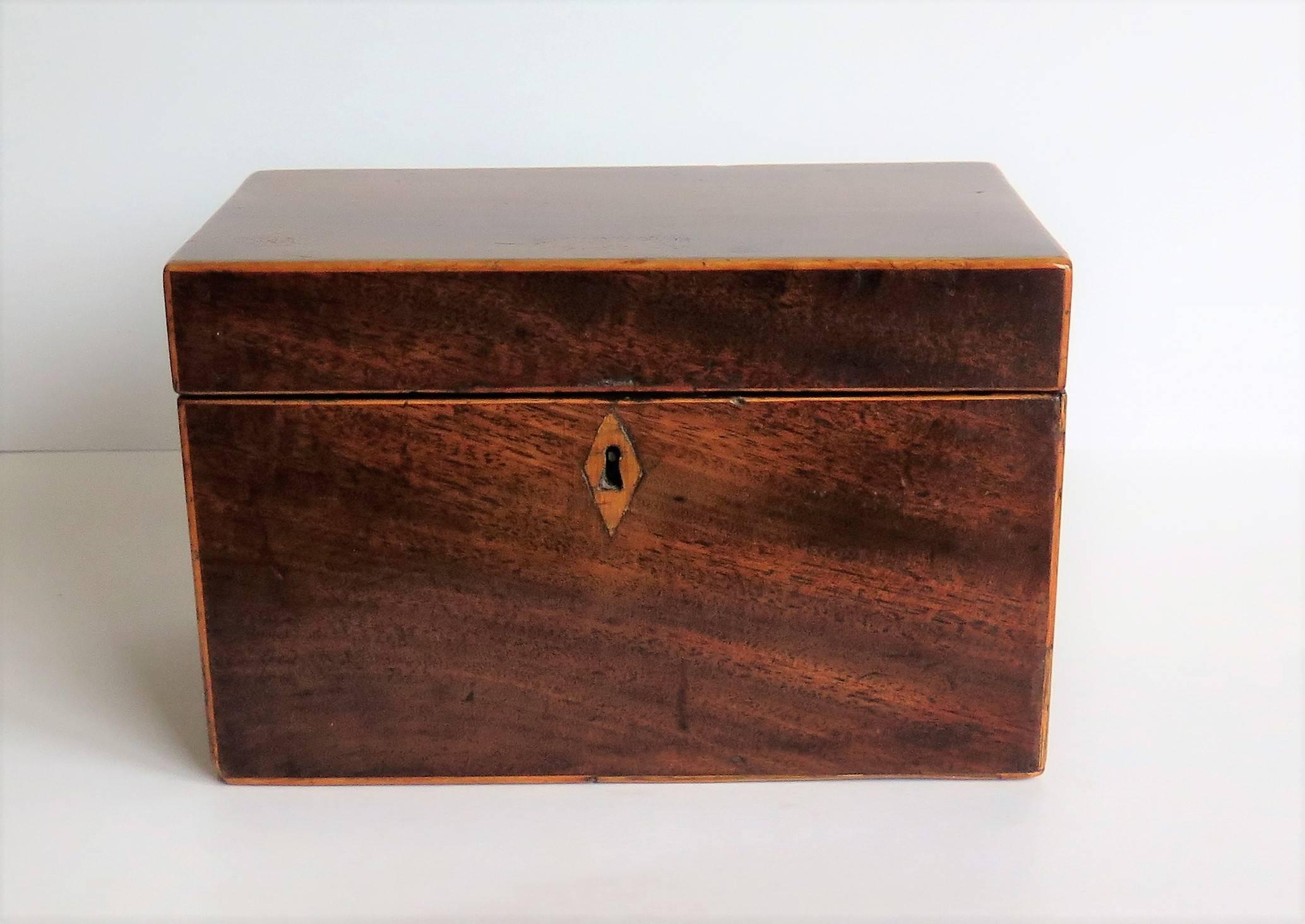 Hand-Crafted Georgian Tea Caddy Two Compartment, Mahogany with Boxwood Edges, circa 1800