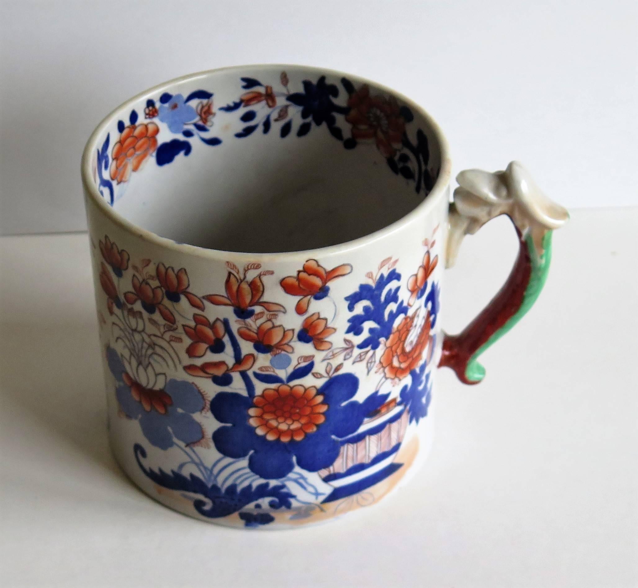 This is a rare and impressive early English Masons ironstone tankard.

We have not seen another Mason's tankard of this very large size before.

The tankard has a dolphin loop handle and is decorated in the highly collected, Imari Japan basket