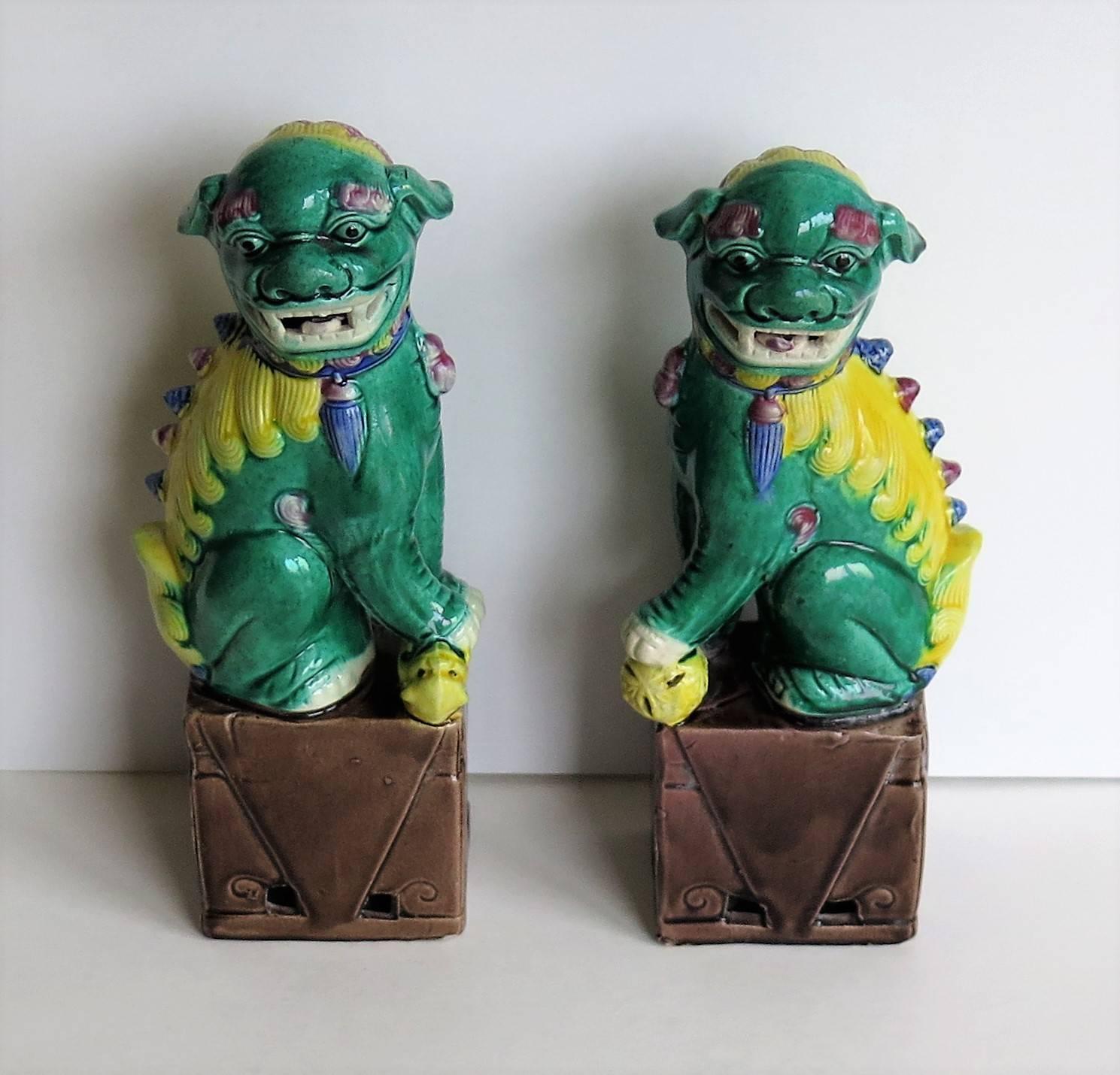 Qing Pair of Chinese Foo Dogs, Porcelain, Hand Enamelled, circa 1920