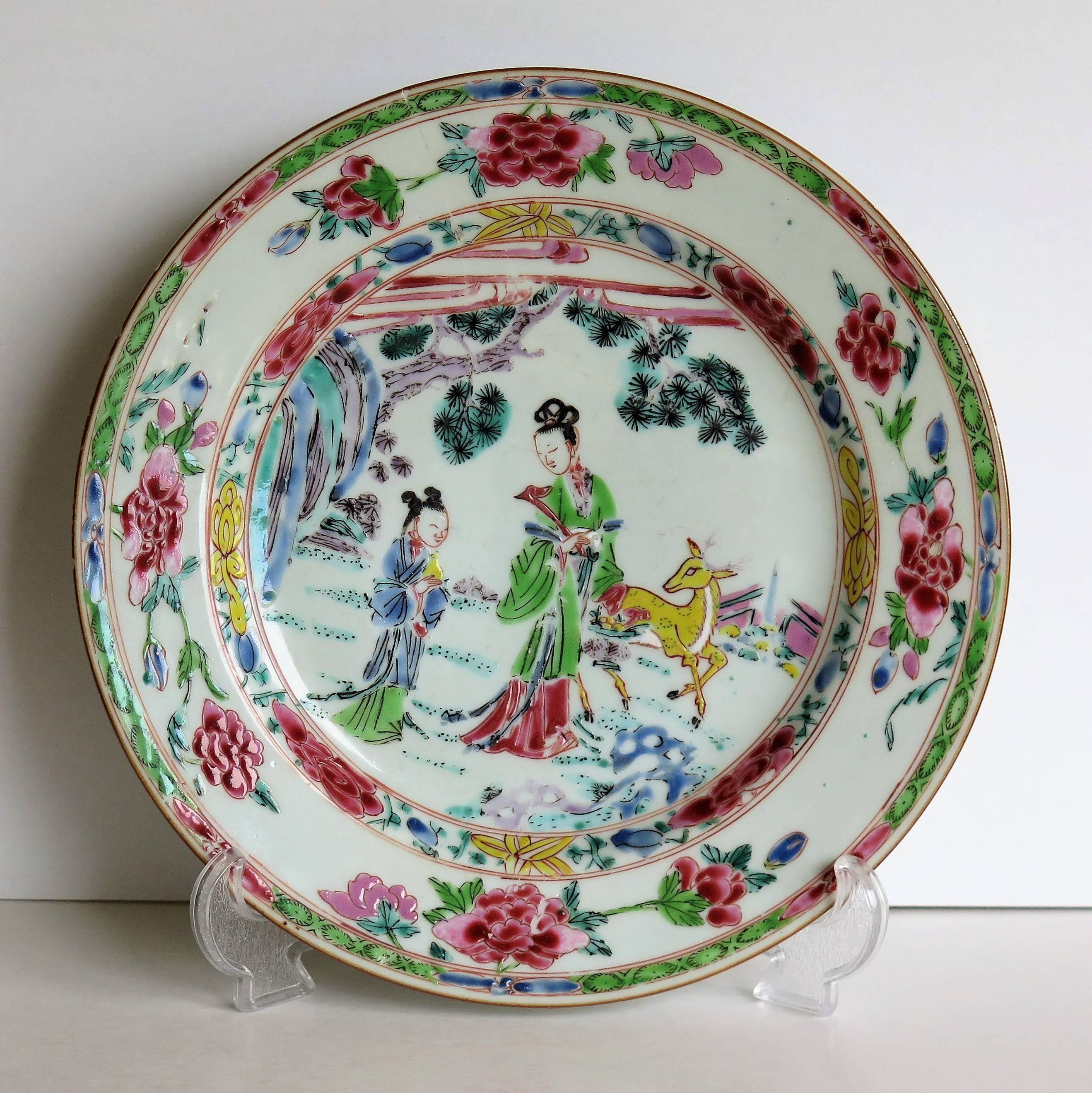 This is a beautifully hand painted example of a Chinese porcelain plate, which we date to the Qing, Yongzheng period (1723-1735).

The plate is delicately hand decorated with enamels of pale turquoise, blue, green, yellow, white, red, mauve and pink