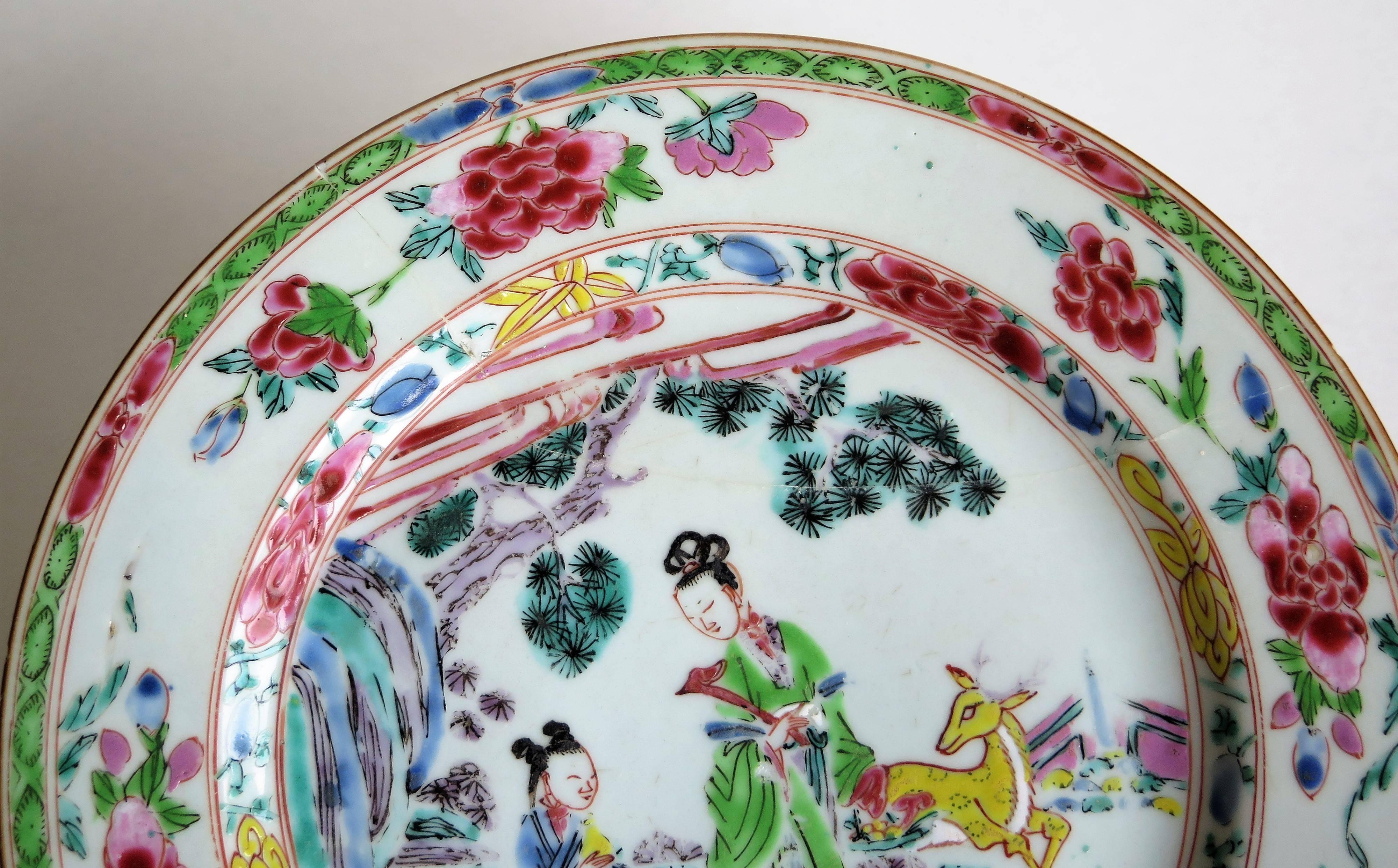 Chinese Porcelain Plate Famille-Rose Figures and Deer, Qing Yongzheng Ca 1730 In Fair Condition In Lincoln, Lincolnshire