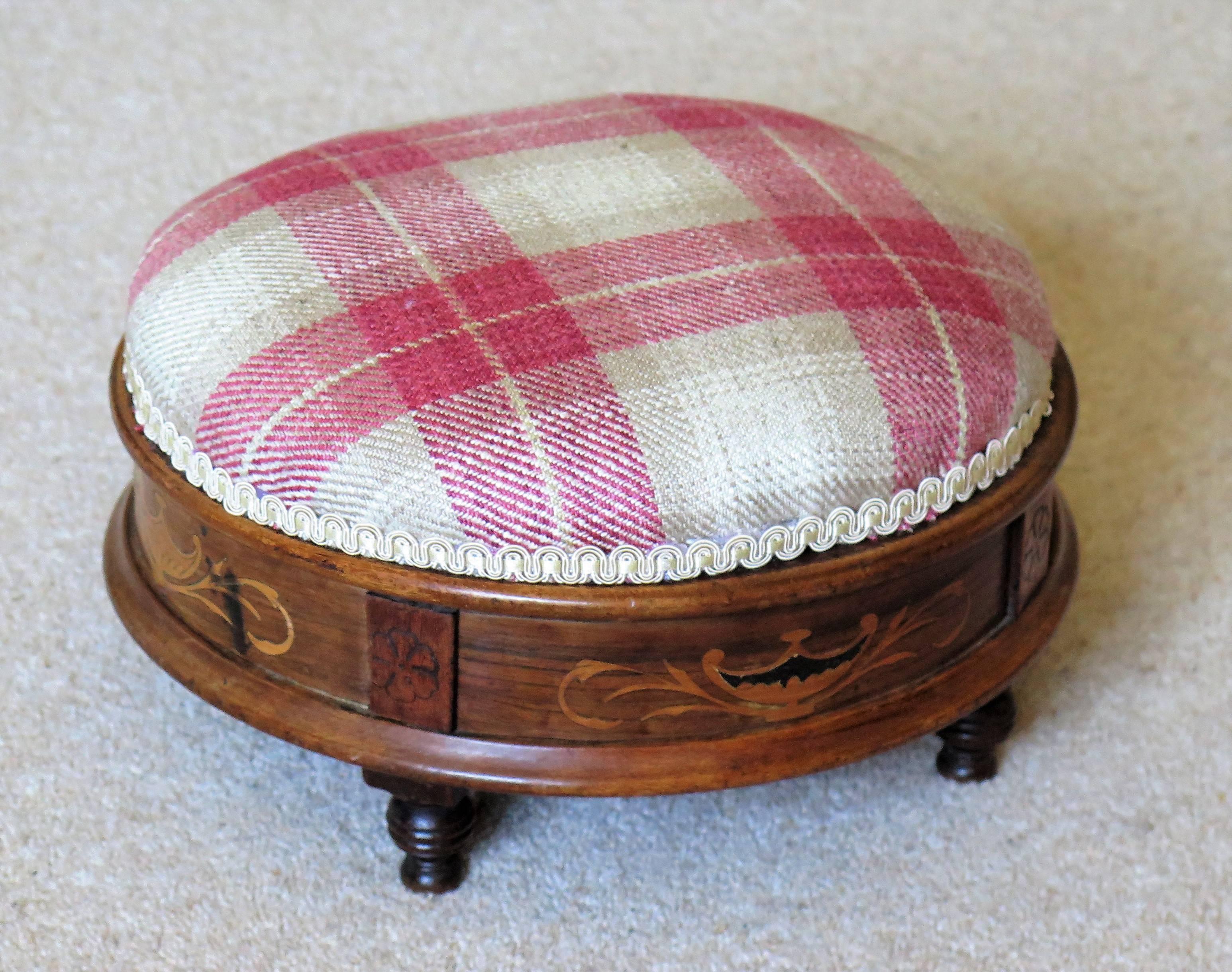 Early Victorian Foot stool Walnut Marquetry Inlay Re-upholstered, Ca. 1845 1