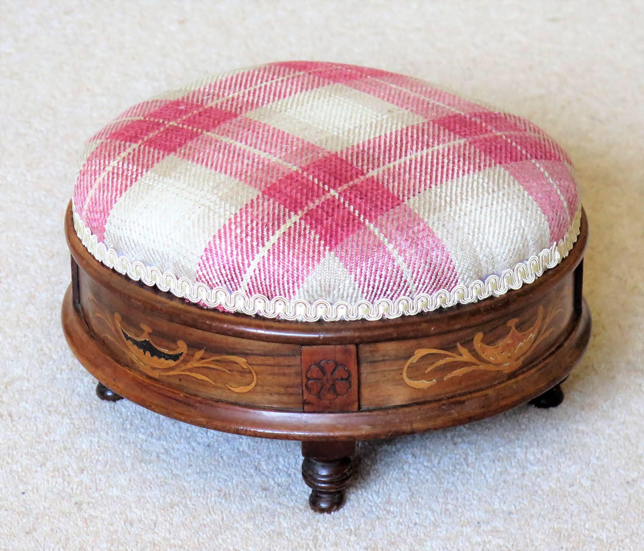 Early Victorian Foot stool Walnut Marquetry Inlay Re-upholstered, Ca. 1845 2