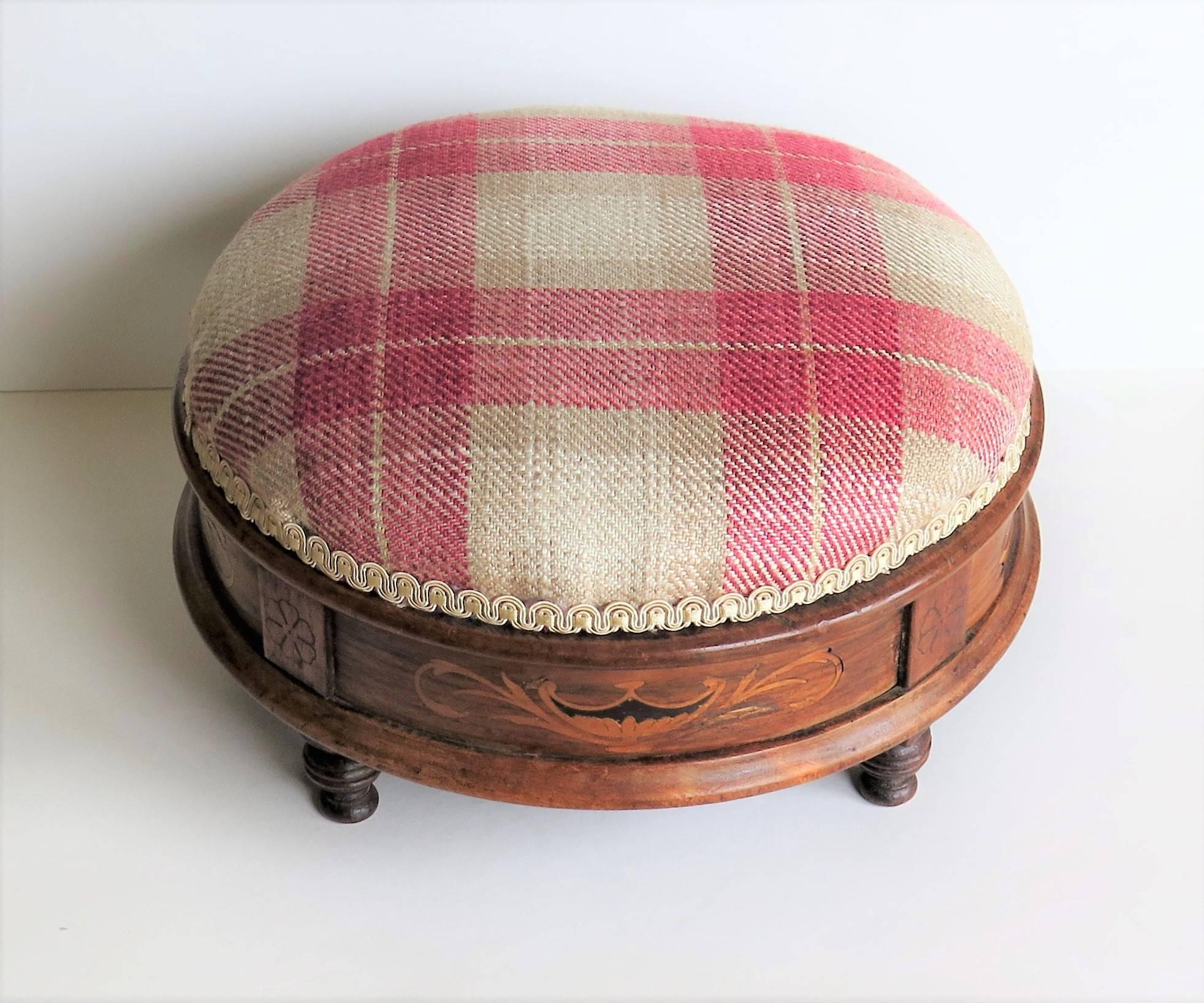 19th Century Early Victorian Foot stool Walnut Marquetry Inlay Re-upholstered, Ca. 1845