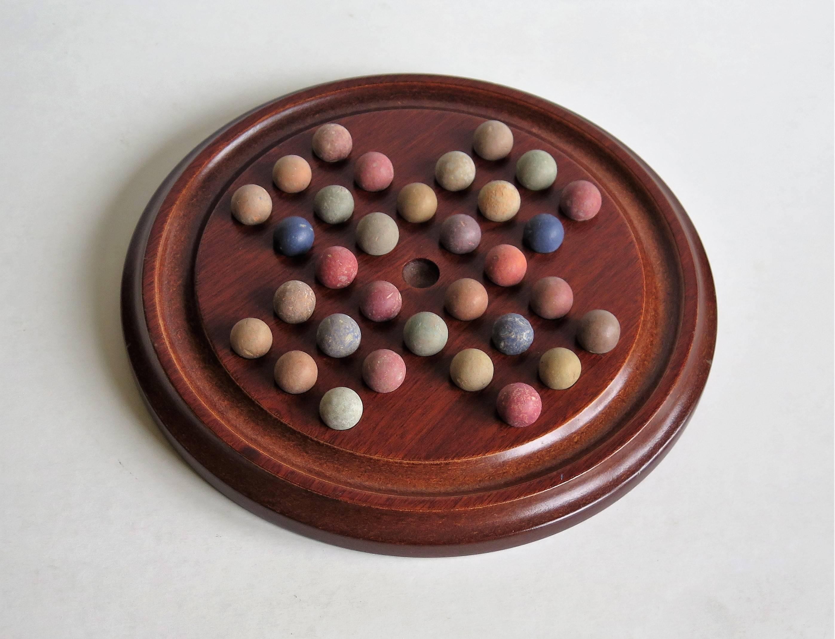 Victorian 19th Century Marble Solitaire Board Game with 32 Early Handmade Marbles, Ca 1880